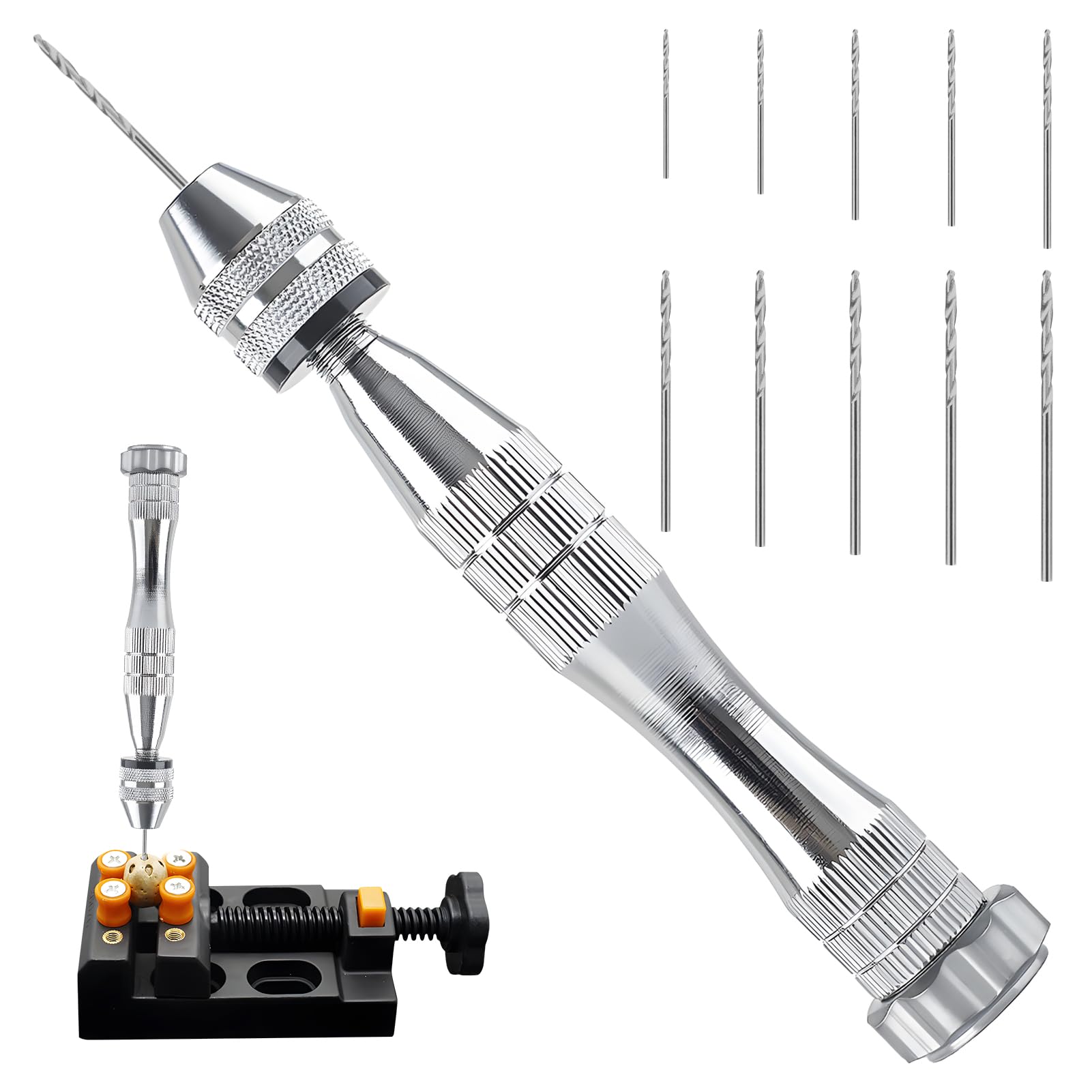 Taladro de mano para moldes de resina, Vise Plateado de 12 cm con 10 brocas de acero, Herramienta de precisión para perforar resina y arcilla, para manualidades y joyería artesanal