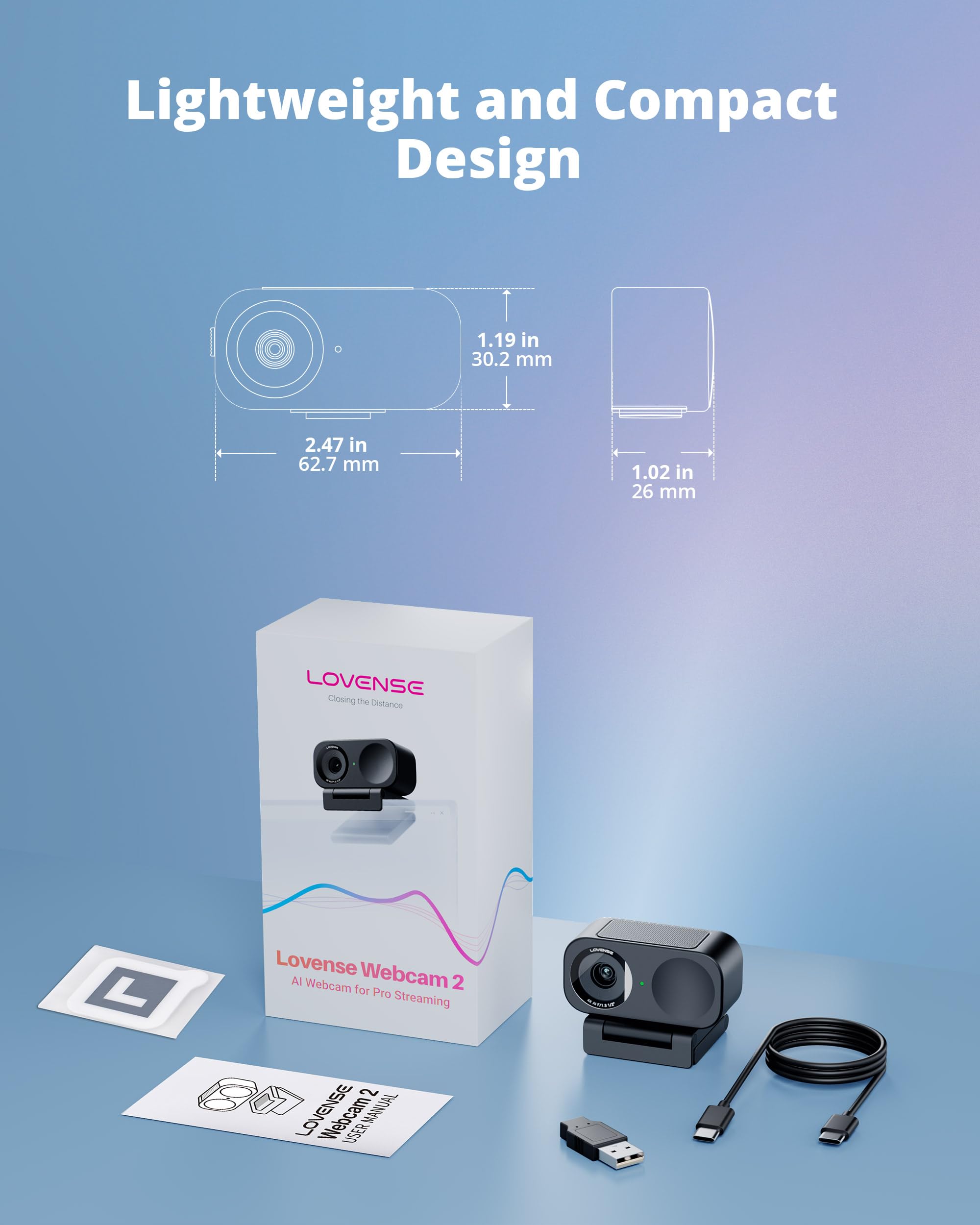 LOVENSE Webcam 2 4k for PC, Live Streaming Camera 1/2" Sensor True Focus Al Noise Canceling, Hand Gesture Control, Mobile Control, Auto Framing, Customizable Audio Modes, Microphones, Privacy Control: Lovense Webcam 2