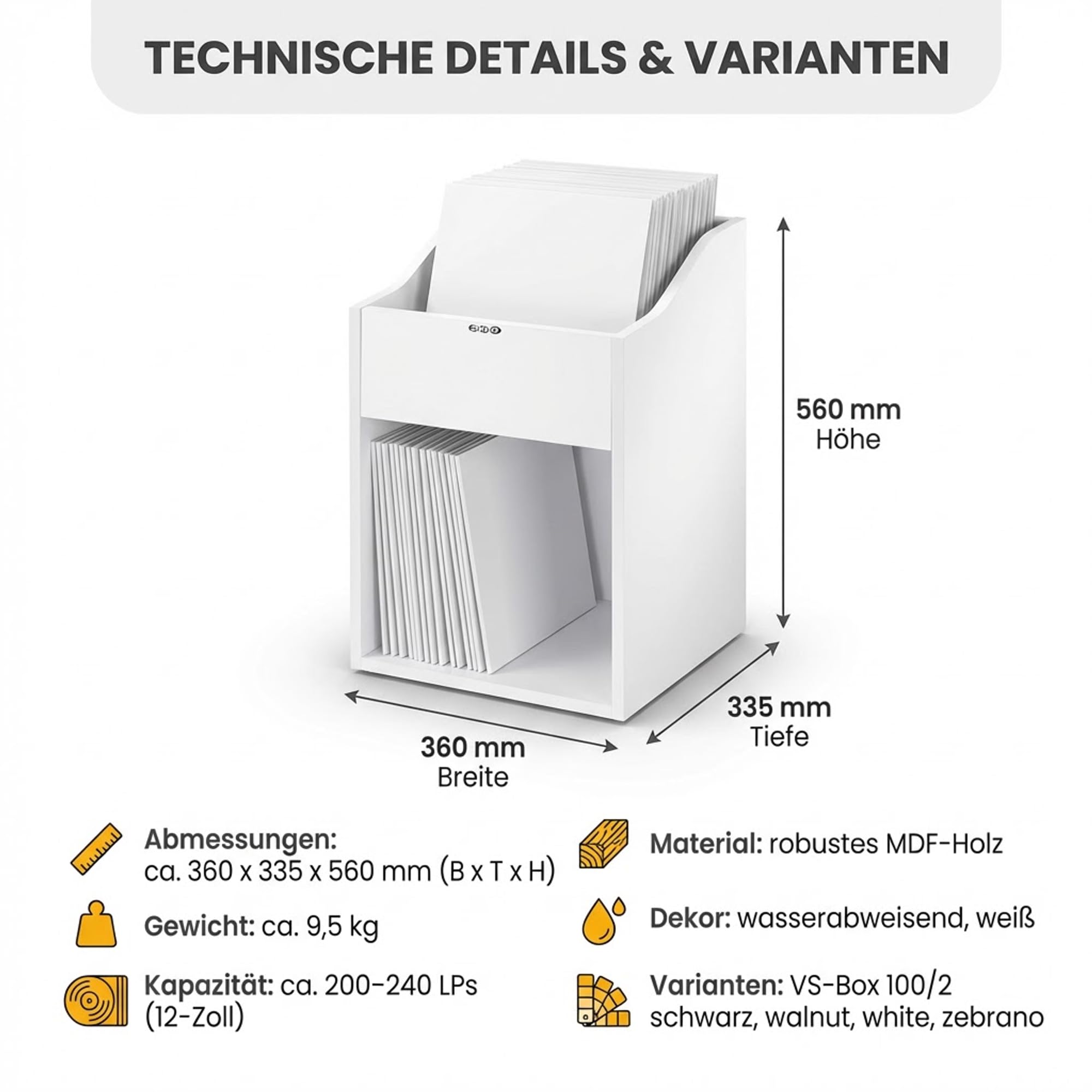 Zomo VS-Box 100/2 Vinyl Aufbewahrungsbox - 360 x 335 x 560 mm - Weiß - MDF Holz - Regal für Schallplatten 200 bis 240 LPs