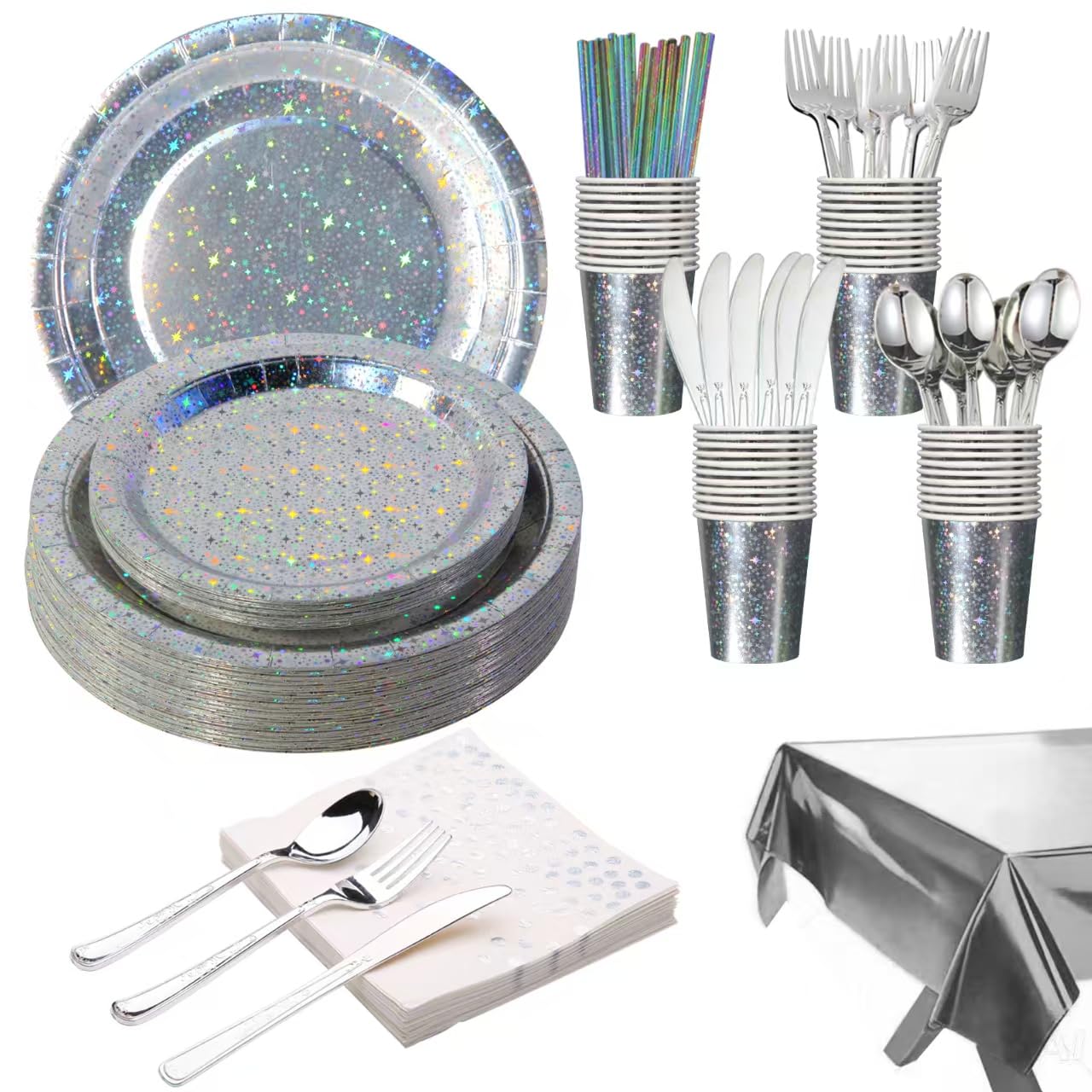 Photo 1 of **MISSING PARTS**
201-piece disposable party tableware set with paper plates, cups, napkins, straws, tablecloths, plastic knives, forks and spoons for a variety of party occasions for up to 25 people (Silver Star)