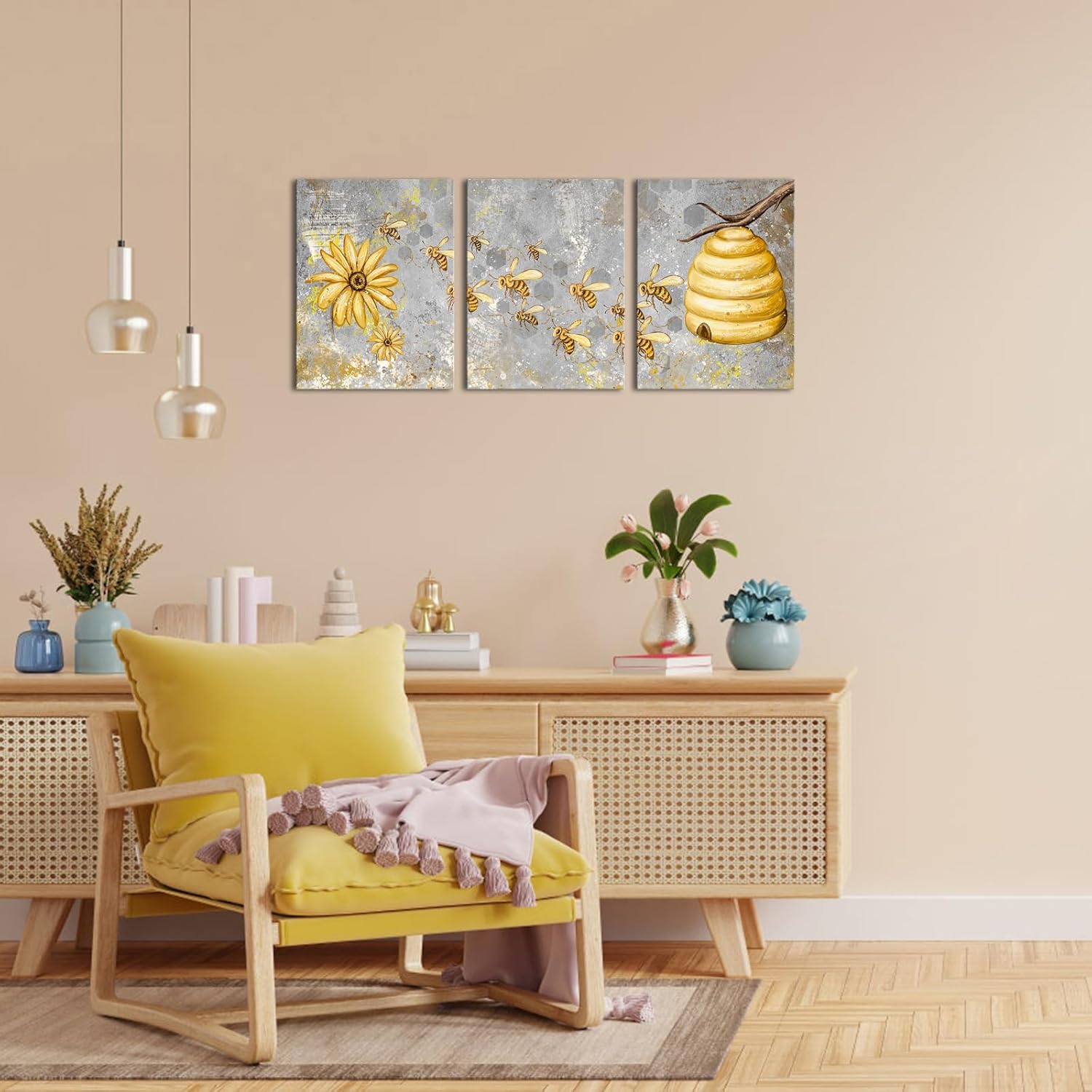 FuShvre Yellow and Grey Canvas Wall Art Honey Bee with Daisy Painting Prints Insect Pictures for Farmhouse Kitchen Decor Framed Ready to Hang 12"x16" Each (Small) (Small, Grey)