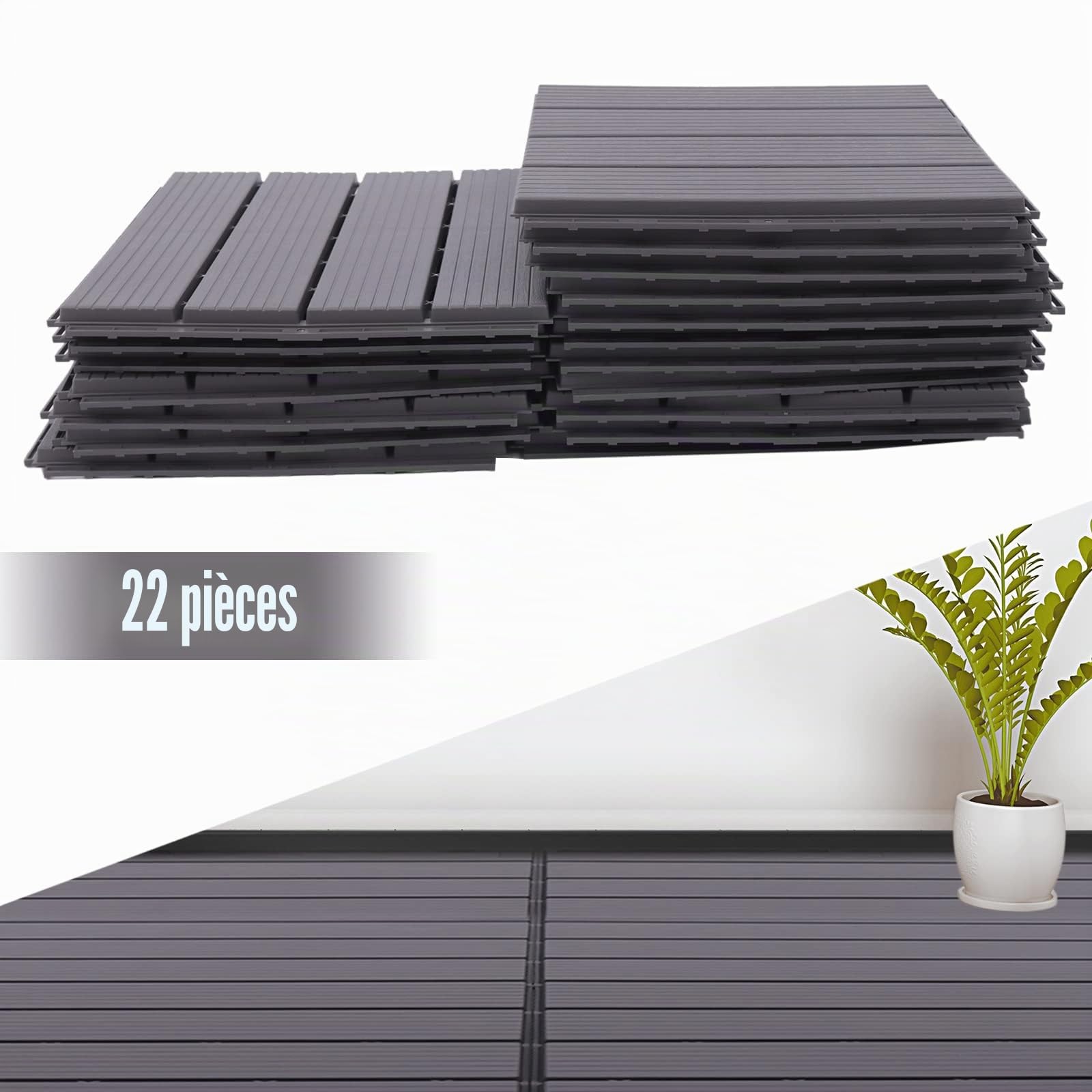 Lot de 22 dalles de terrasse en bois - 30 x 30 cm - 3,2 m² - Brun - Système à clic - Parquet avec système à clic - Imperméable - Antidérapant - Pour terrasse - Pour balcon - (Gris)