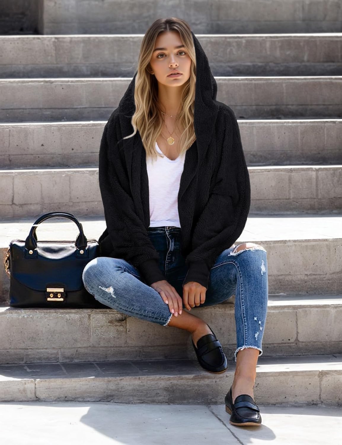 Zilcremo Women Hooded Cardigan Fuzzy Jacket Winter Open Front Fleece Coat Outwear with Pockets - Image 6