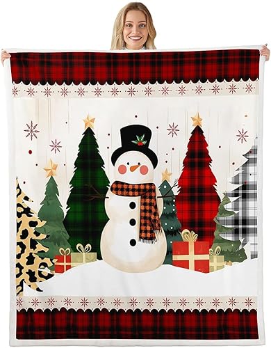Miniatura 1 de Manfei Manta de muñeco de nieve de Navidad, diseño de leopardo, árboles a cuadros, copos de nieve, para sofá, manta de cama temática navideña para