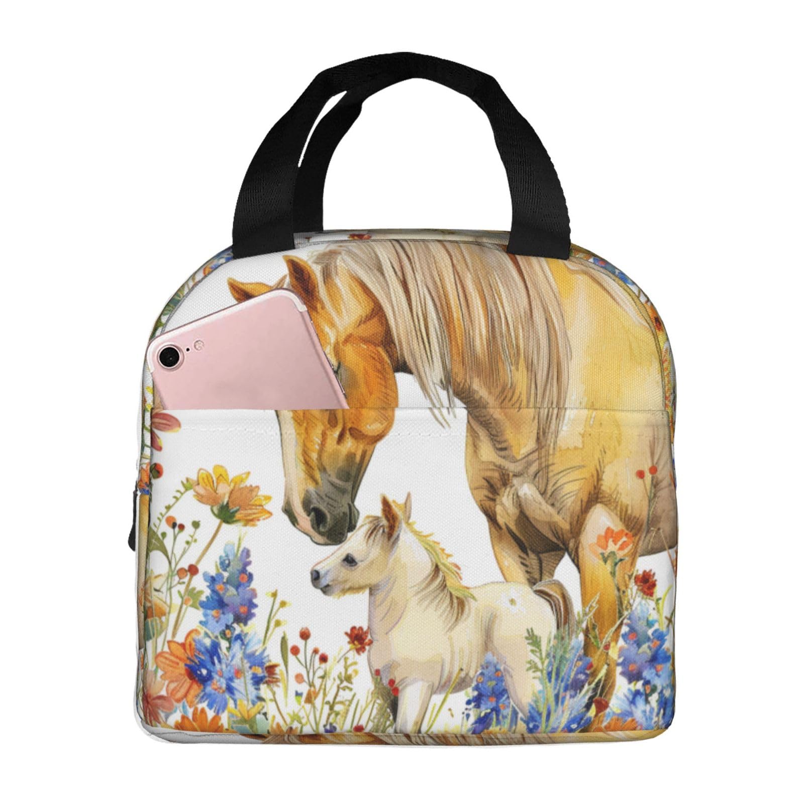 Mexpekil Lunch Bag for Travel Work Picnic, Farmhouse Horse Watercolor Flower Nature Reusable Bento Box Lunch Tote Bag, Handbags Case High Capacity for Kids and Adults