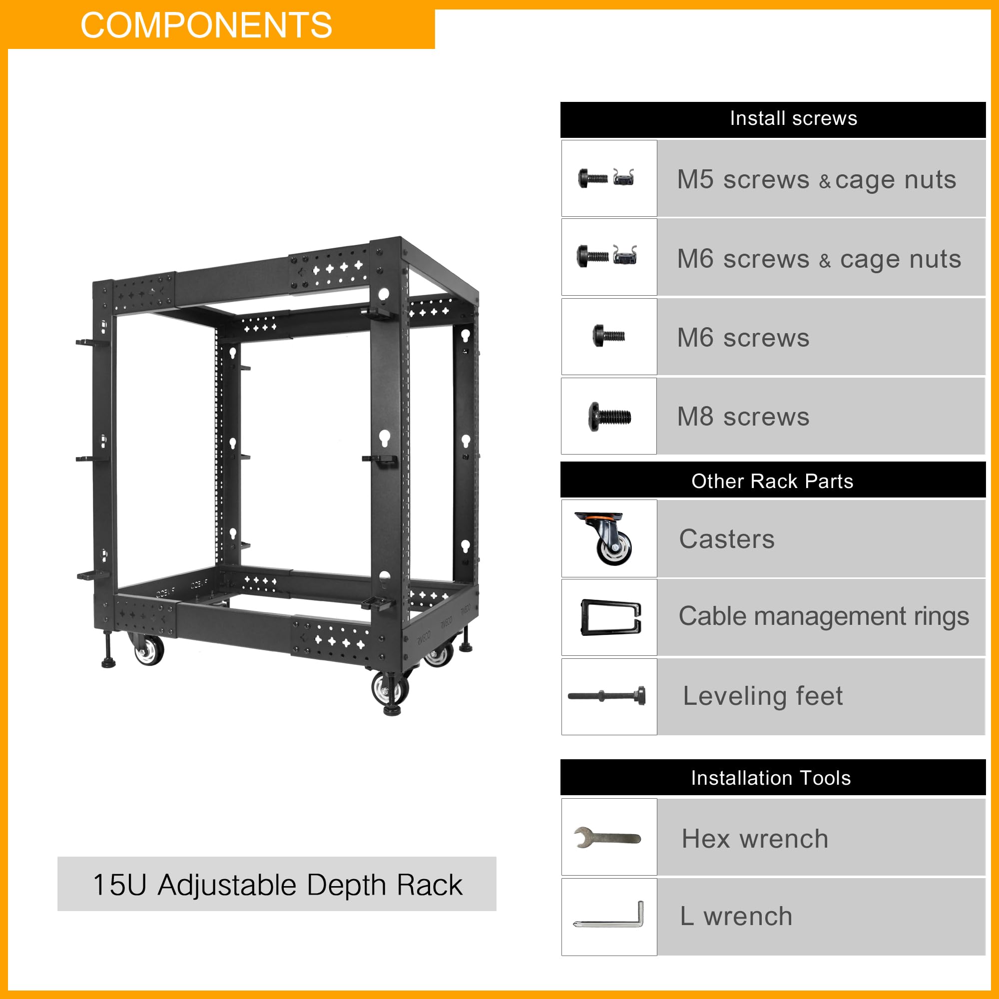 RIVECO 15U Server-Rack, verstellbare Tiefe, Netzwerk mit 4 Pfosten, offener Rahmen mit Nivellierfüßen und Rädern, vollständig Nieten, 635 kg