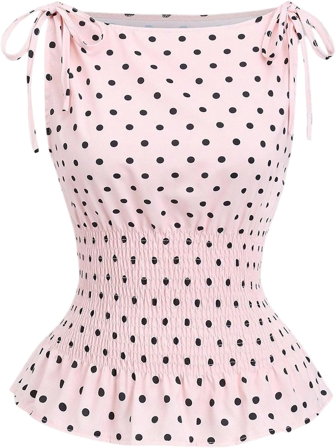 GORGLITTER Women's Polka Dots Boat Neck Tank Top Ruffle Tie Shoulder Smocked Going Out Y2k Vest Tops