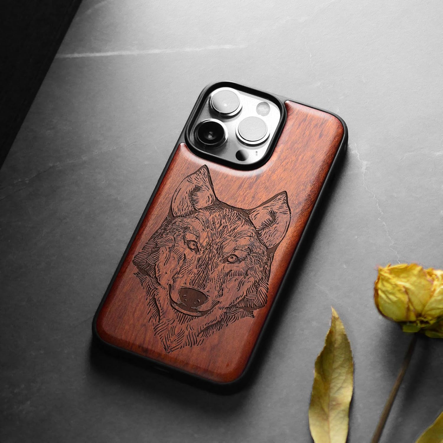 Carveit Magnetic Wooden Case for iPhone 15 Pro Case, Compatible with MagSafe Wireless Chargers, Black Soft TPU Shockproof Cover & Wood Artisan Engraved (Wolf Head) - Rosy