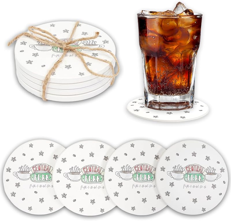 Friends TV Show Drink Coaster Set - Bundle of 4 Cetral Perk Logo Coasters for Tabletop Protection at Home Kitchen, Dining Table, Coffee Decor