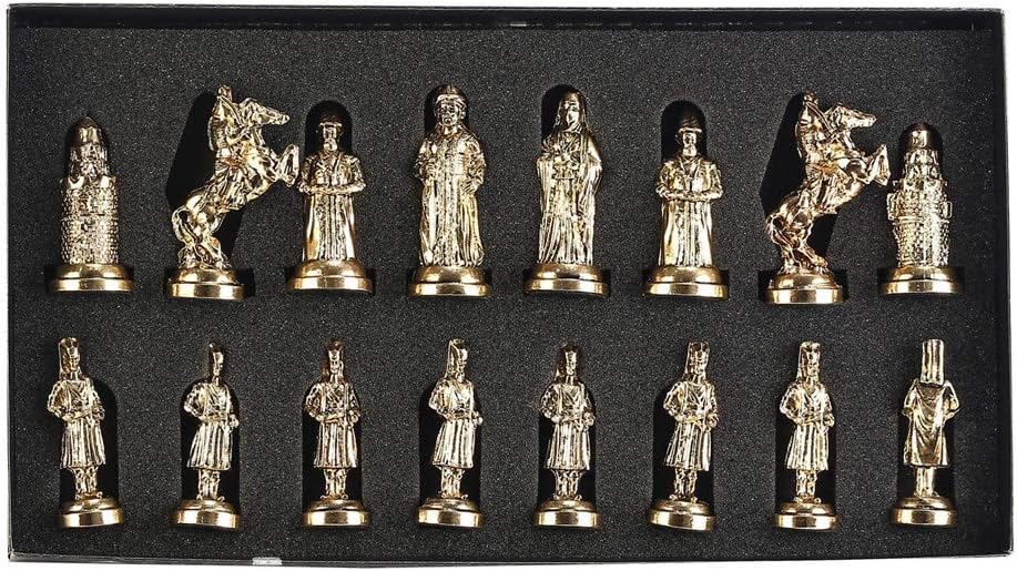 Gold-Silver Ottoman vs Byzantine Figures Metal Chess Set for Adults,Handmade Pieces and Natural Solid Wooden Chess Board, Original Pearl Around Board (Walnut)