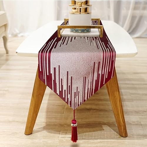 Miniatura 4 de Jiino Camino de mesa rojo de 72 pulgadas de largo, modernos caminos de mesa con borlas, bordado hecho a mano, geométrico, estilo de lujo, camino de