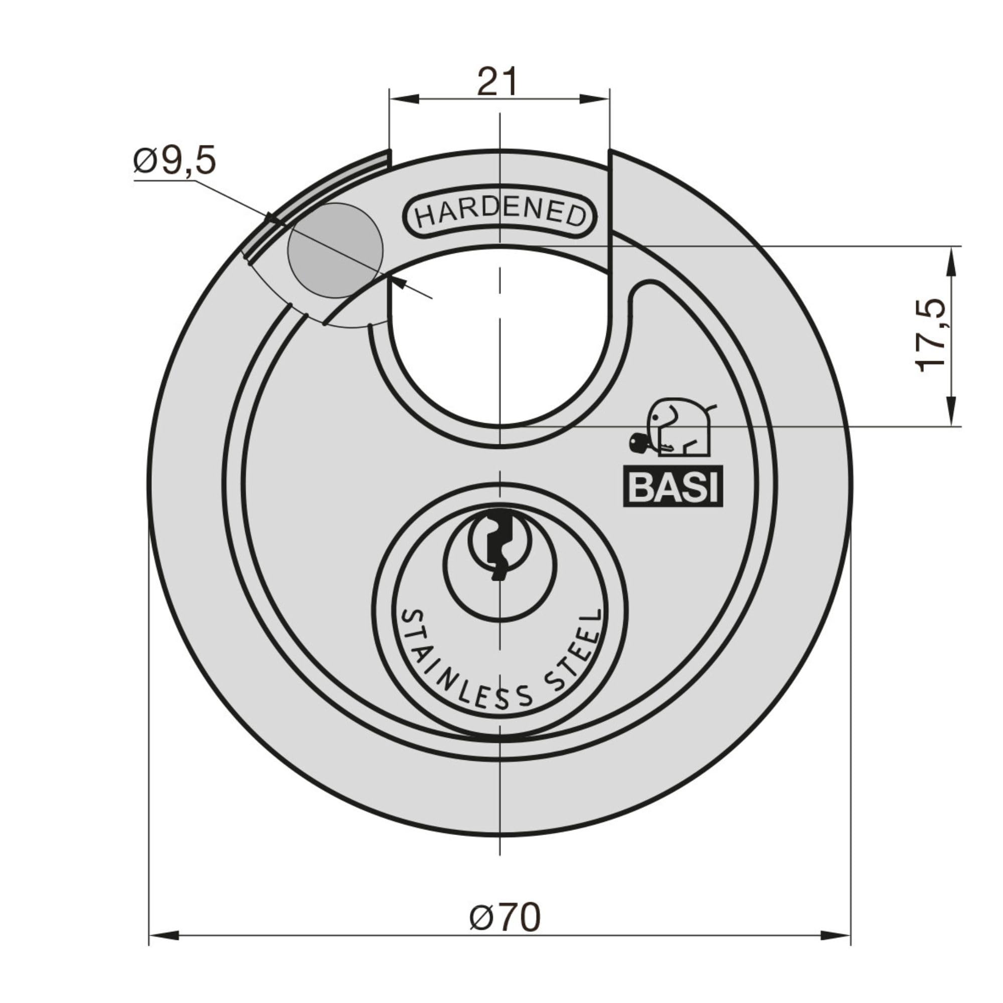 BASI Juego de 4 candados redondos | cuerpo de acero inoxidable macizo | cierre uniforme | protección para pubs | arco de acero endurecido | candado seguro | grosor del arco 9,5 mm | 4 unidades