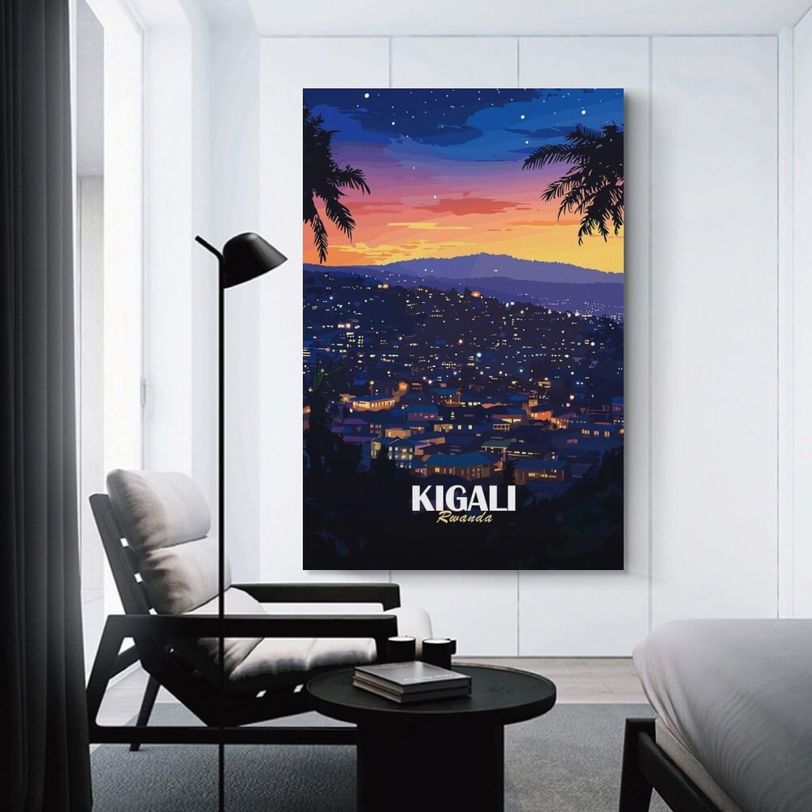 Junmoney Kigali, Rwanda Cityscape at Night Decorative Wall Artwork 08x12inch(20x30cm), for New Homes, Bedrooms Or Workspaces, A Wall Art Gift for Fresh Interiors