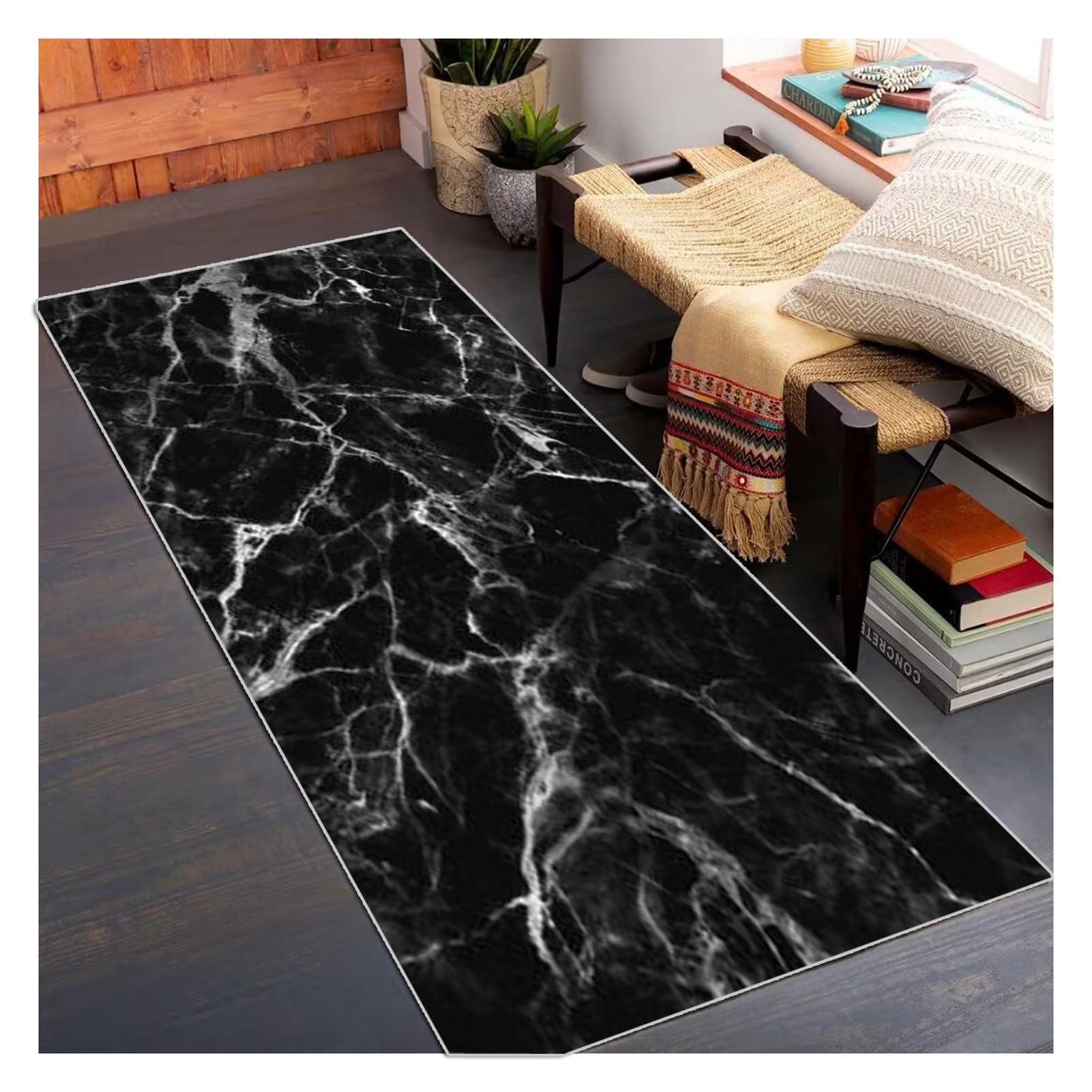 Siunwdiy Modern Black Abstract Runner Rug - Non-Slip Machine Washable Carpet for Hallways/Corridors,100x340cm Extra Long Floor Mat with Rubber Backing, Dirt Trapper Design (40-120cm Width Options)