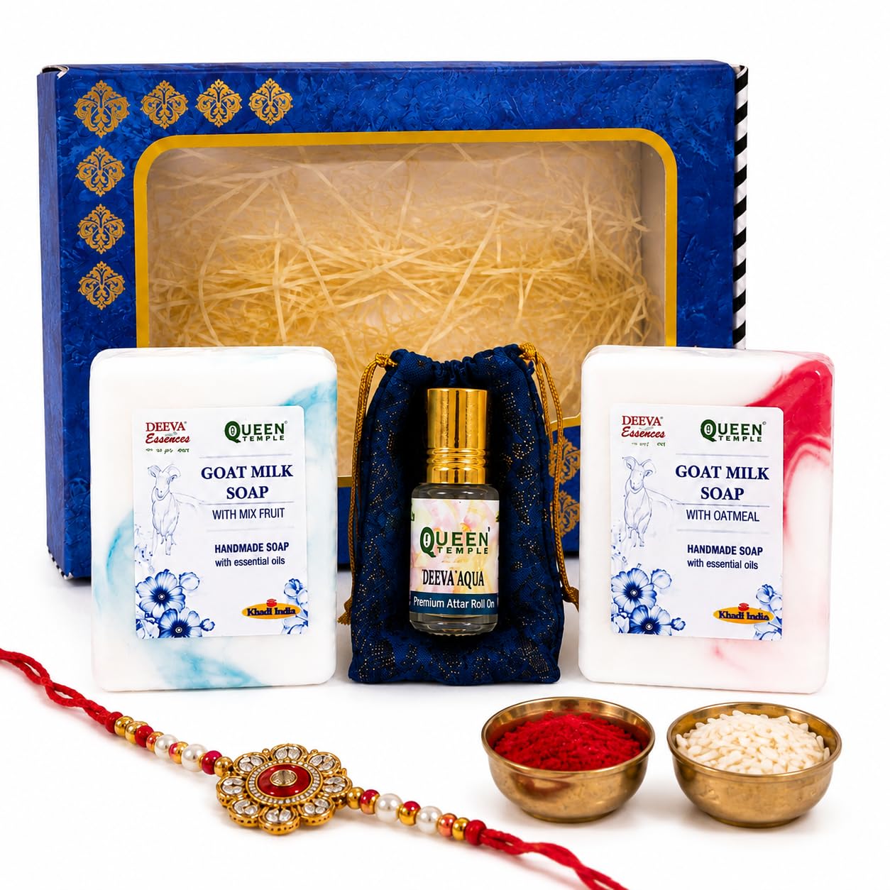 Raksha Bandhan Skin Care Gift Hamper for Brother & Sister By Queen Temple | 2 Goat Milk Handmade Soaps 100g Each, Aqua Attar Roll On 3ml, Rakhi, Roli Tikka & Rice | Premium Gift Box-picture-18