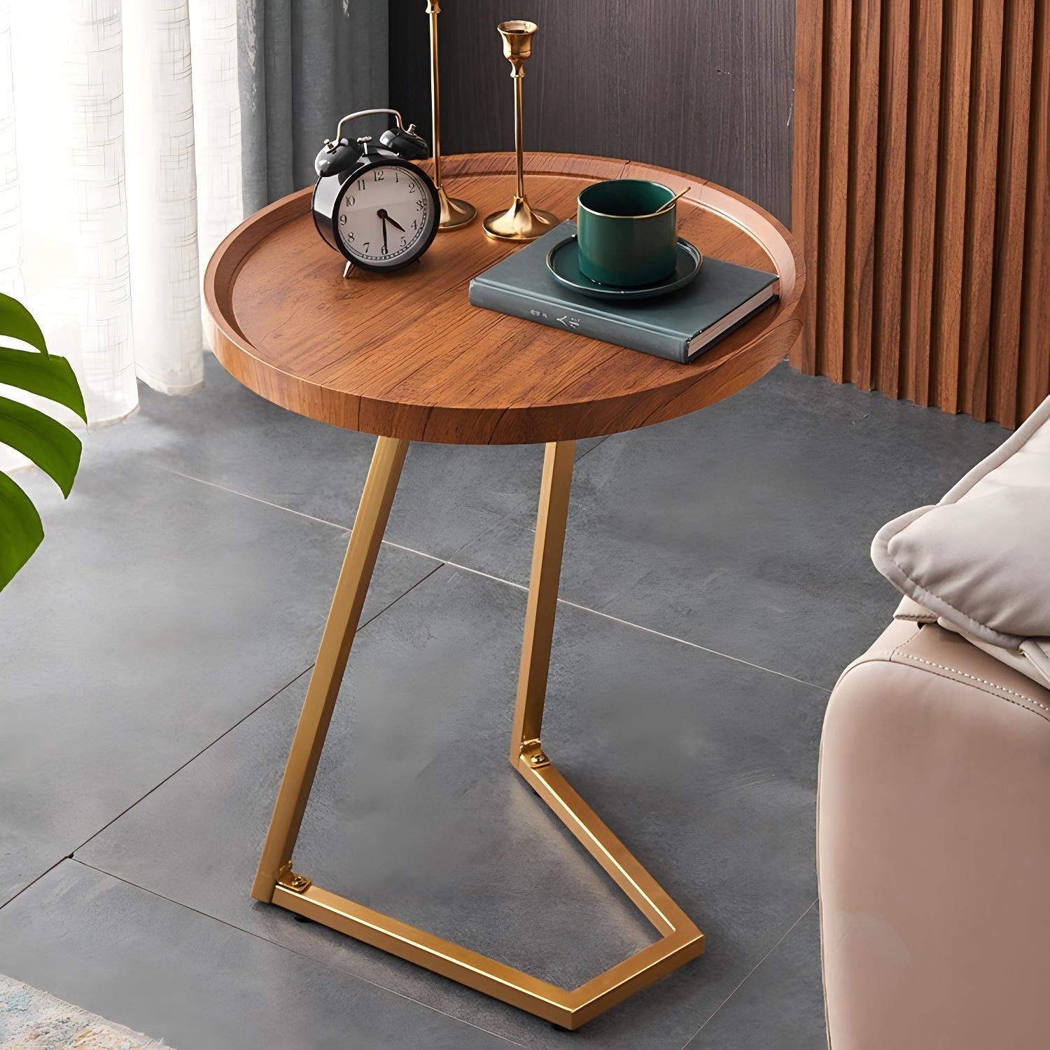 Mesa auxiliar en forma de C de 40 cm y metal para café en salón y dormitorio