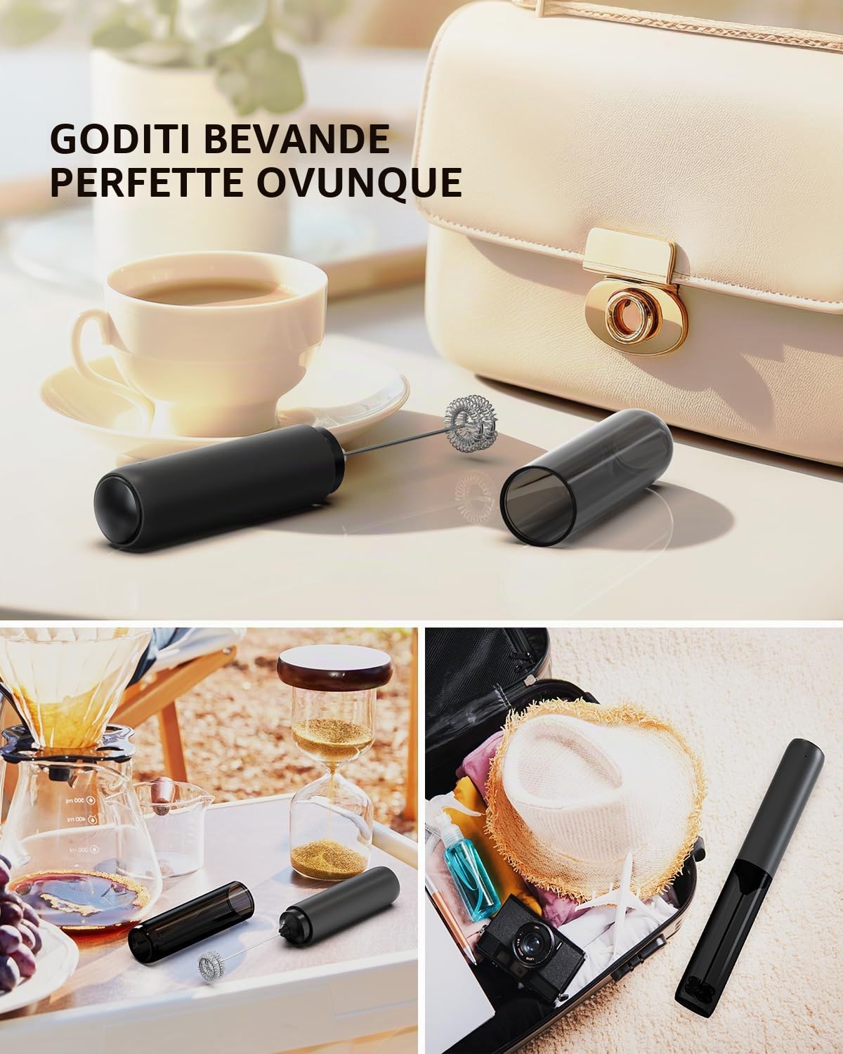 CIRCLE JOY Montalatte Elettrico Ricaricabile, Frullino a Immersione Senza Fili, Doppia Testa Portatile Schiumalatte per Caffè, Latte, Cappuccino, Matcha, Cioccolata Calda, Nero