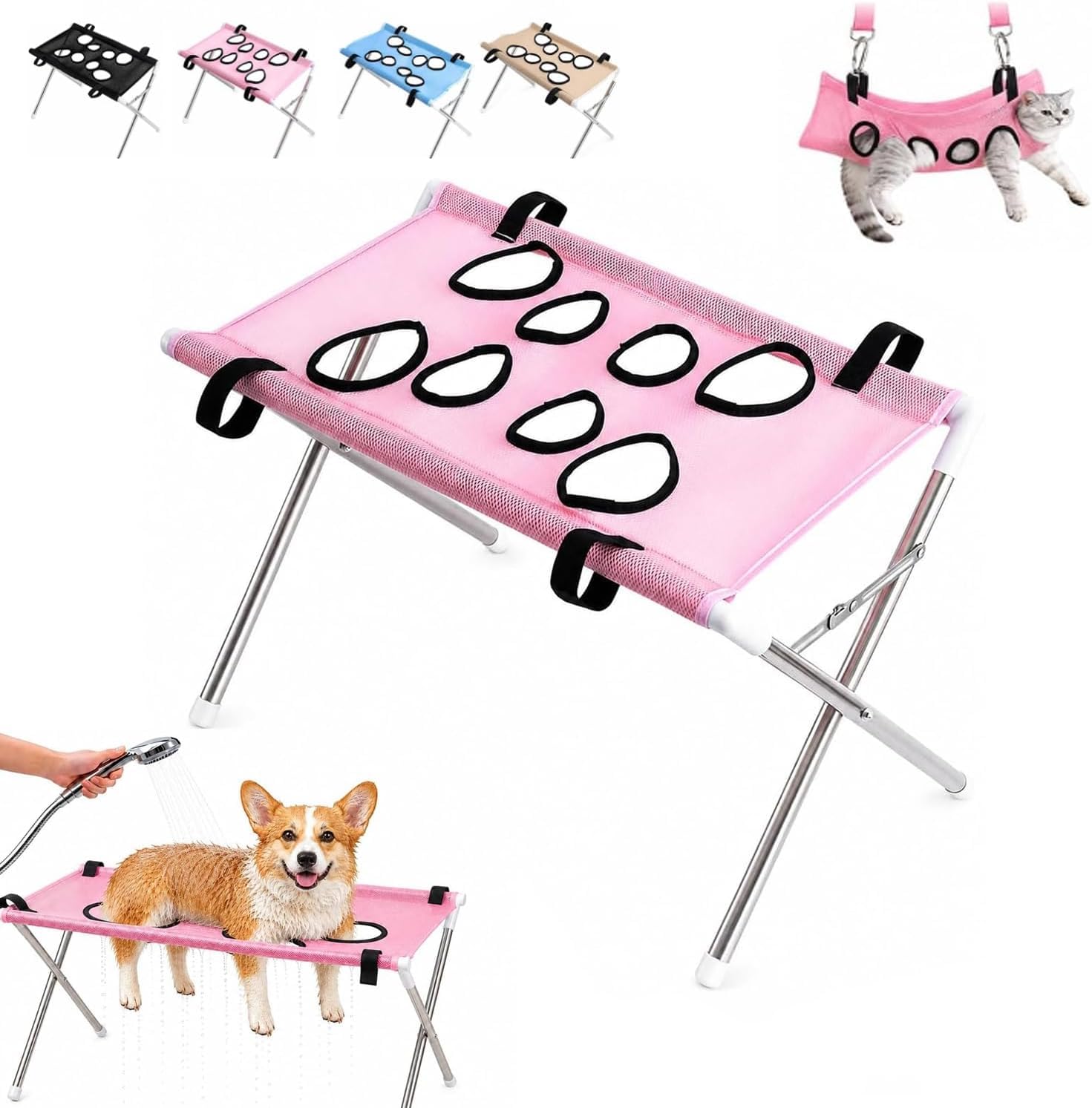 Dog Grooming Hammock Pet Bath Stand Cat Bathing Stand for Small/Medium Dogs and Cats, Mesh Bath Support for Nail Trimming, Bathing, Grooming & Pet Care，Pink a