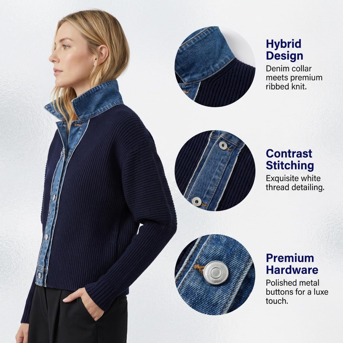 Swetry damskie Denim Patchwork Kardigan Wywijany Kołnierz Jednorzędowy Vingtage Dzianinowy płaszcz, granatowy, L