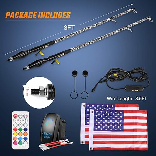 Miniatura 9 de Nilight 2 luces LED RGB en espiral de 3 pies con base de resorte luz de persecución de control remoto RF antena iluminada para Can-Am ATV UTV RZR