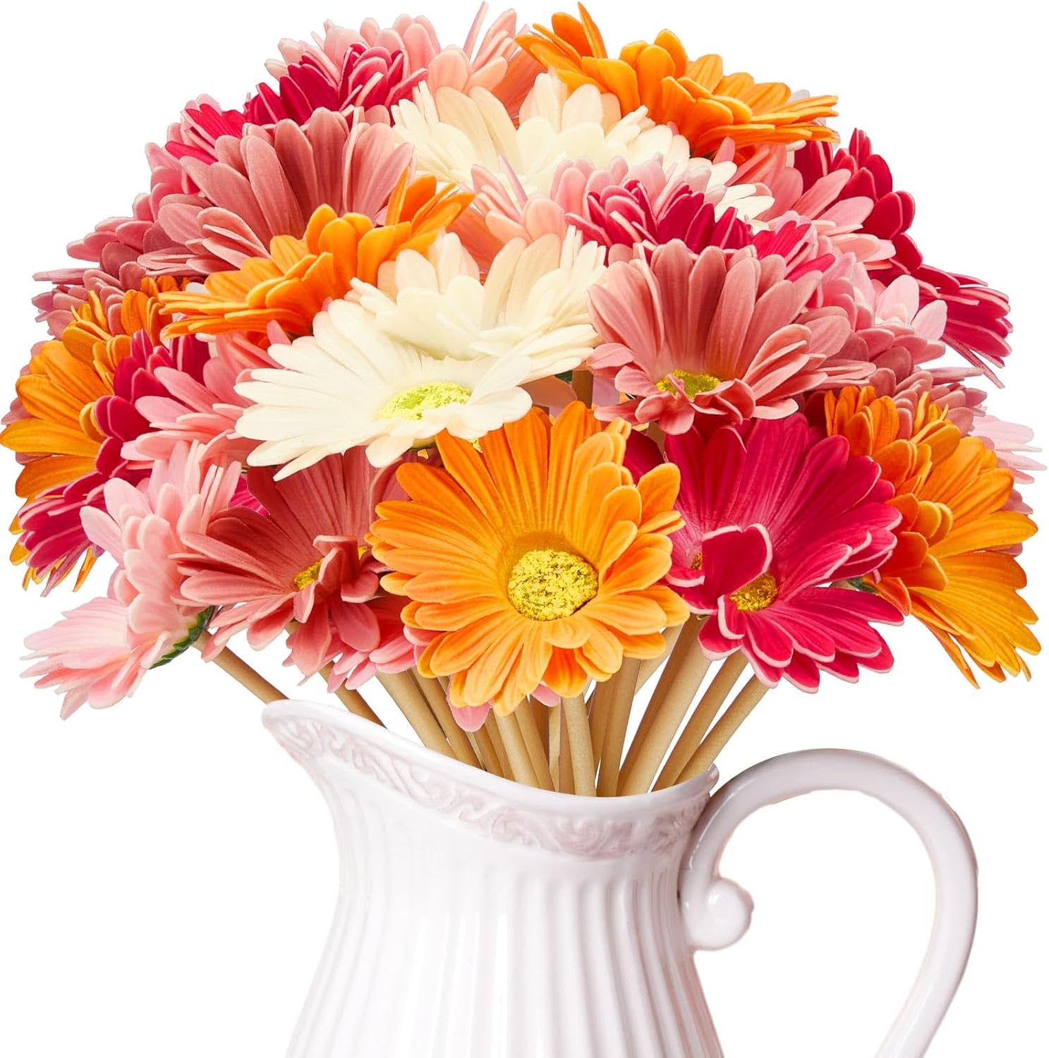 WILLBOND 48 Pcs Artificial Gerbera Daisies Flowers 15 in Pink and Orange Fake Daisy Bouquet with Flexible Stems Boho Faux Wildflower for Wedding Bridal Groovy Party Home Kitchen Decor, 6 Colors