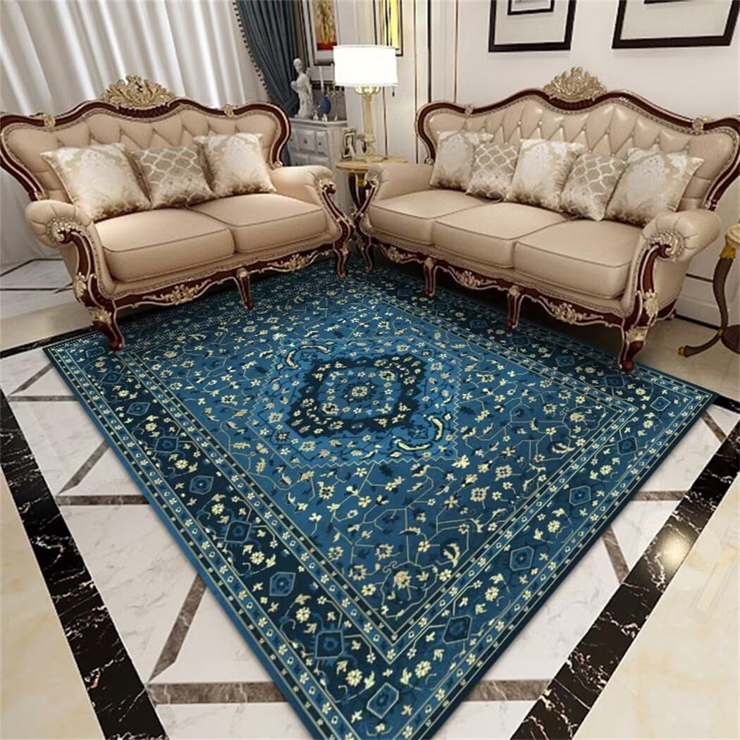 Tapis antidérapant à poils courts bleu grand format floral rétro salon et couloir