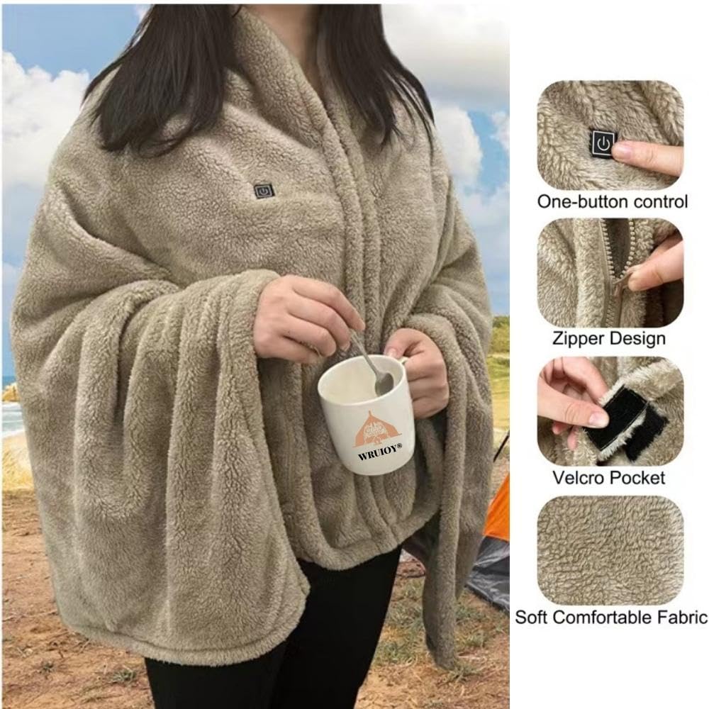 WRUIOY Heated Shawl Electric Blanket with Button USB Rechargeable Blanket with 3 Mode Adjustable Soft Comfortable Blanket Machine Washable 31