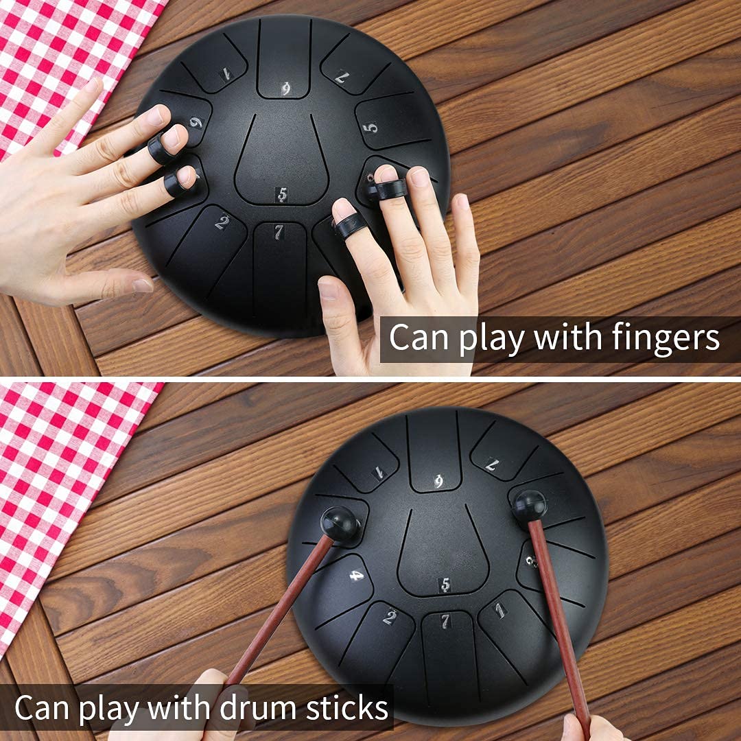 10 Inch Steel Tongue Drum 11 Notes Matte Black Pan Drum with Travel Bag, Mallets, Drumstick Bracket, Knocking Finger Picks and Music Book,Elegant Creative Handpan Drum