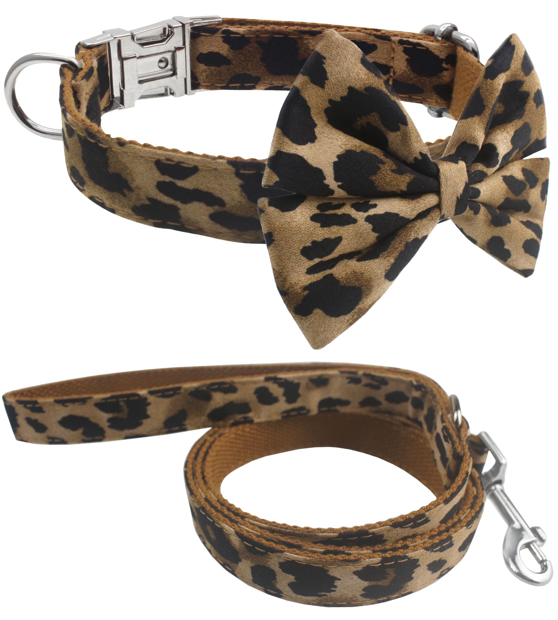 YOY Soft Comfortable Adjustable Leopard Print Pet Collar with Bowtie, Heavy Duty Dog Collar and Leash Set for Small Medium Large Dogs Cats, Puppy