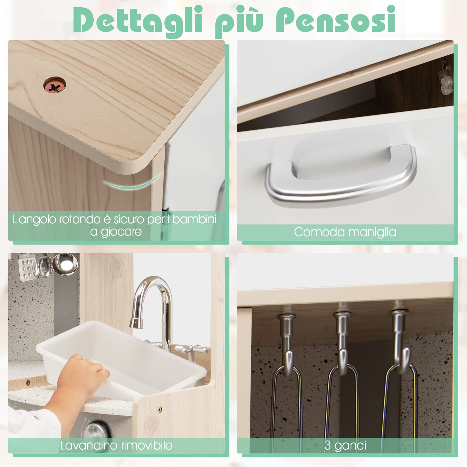 COSTWAY Cucina Giocattolo Legno per Bambini con Macchina del Ghiaccio, Telefono, Lavatrice, Forno, Microonde, Lavello e Rubinetto, Funzione Luci e Suoni, 3+ Anni