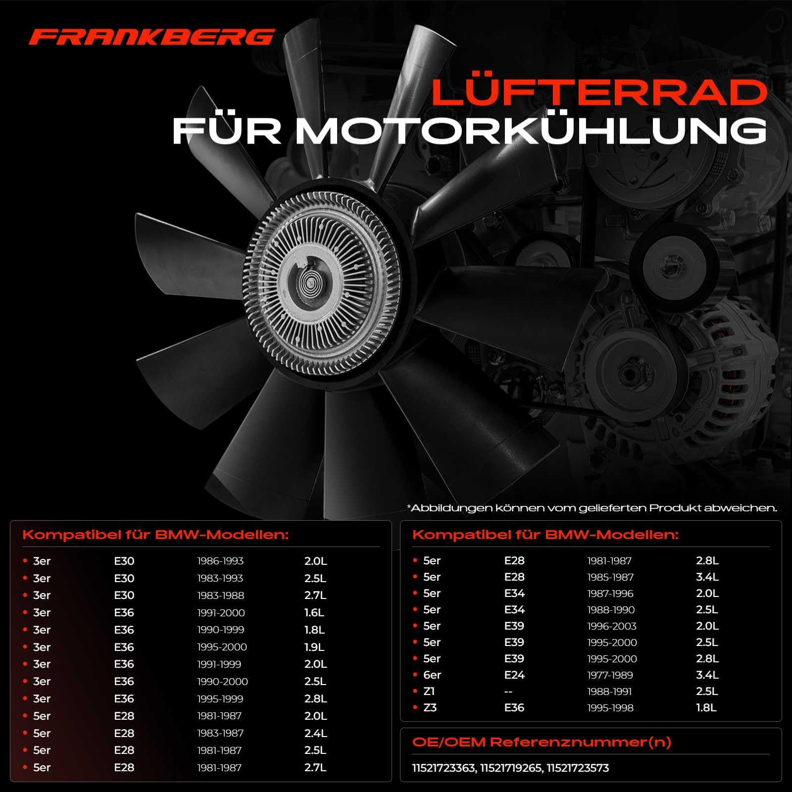 Frankberg Lüfterrad Motorkühlung Kompatibel mit 3er E36 E30 316i 318i 320i 325i 323i 325e 328i 1.6L-2.8L 1990-1998 5er E34 E39 E28 E39 2.0L-3.4L 1988-1996 Replace# 11521723363