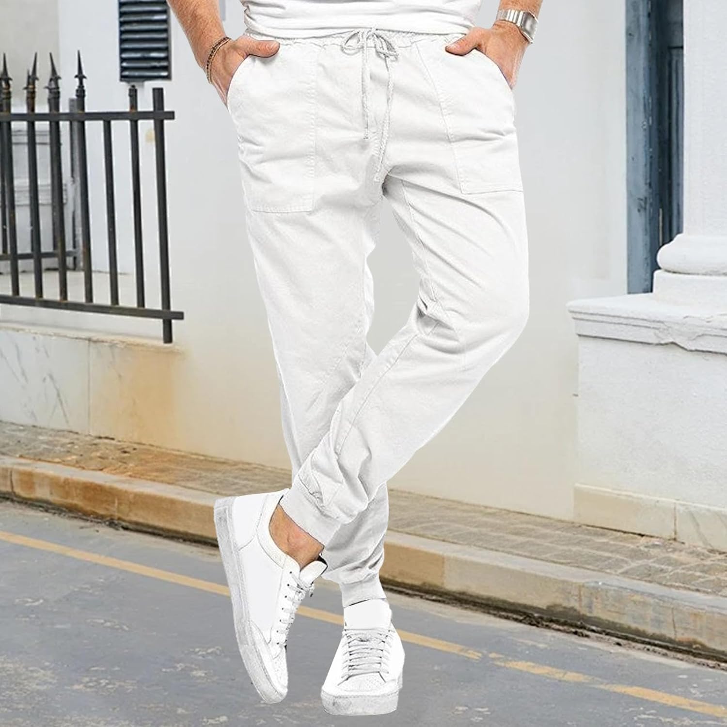 Men Loose Athletic Patch Pocket Pants Drawstring Outdoor Sports Solid Trousers Fall Classic Comfy Leg Street Pant