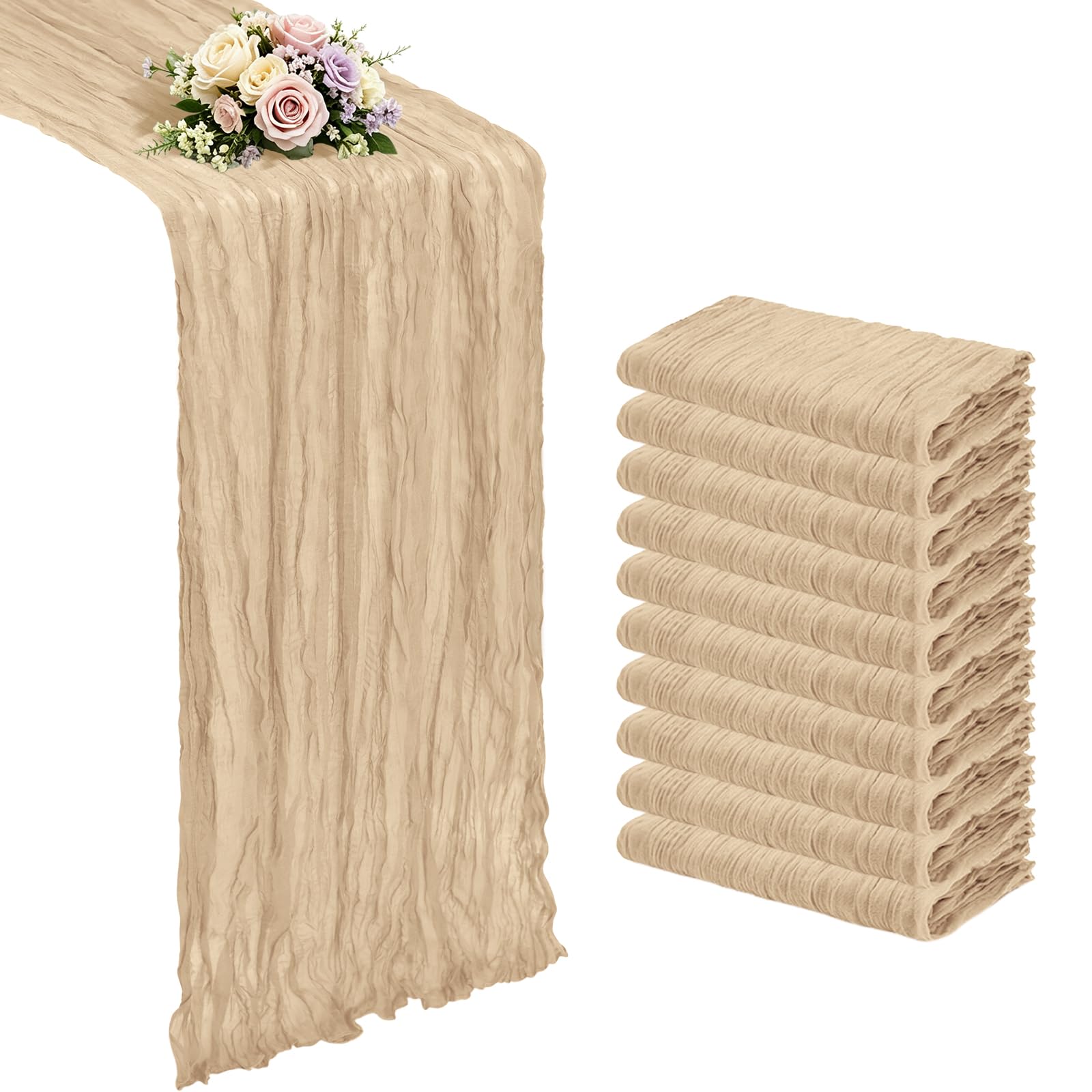 View 1 of 10 Pack Beige Cheesecloth Table Runner 17x108 Inch Boho Gauze Cheese Cloth Table Runners for Rustic Romantic Wedding Party Baby Shower Birthday Home Decor
