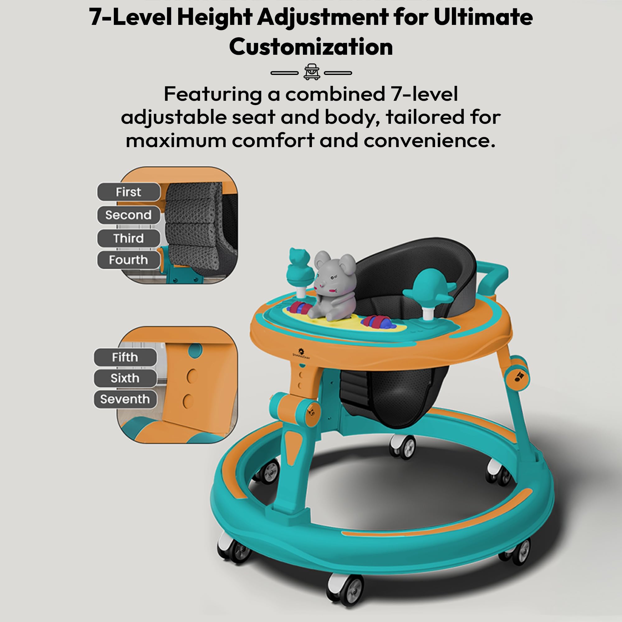 StarAndDaisy 360 Baby Walker 6-24 Months / 7 Level Height Adjustment Walker for Kids Boy and Girl with Switchable Food & Musical Toy Tray/Premium Baby Activity Walker - Green Orange 1