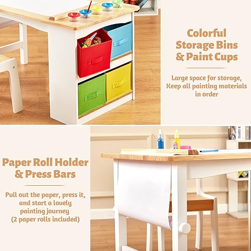 Miniatura 2 de FUNLIO Juego de mesa de arte y 2 sillas de madera para niños, mesa de manualidades para niños con gran almacenamiento y rollos de papel para edades