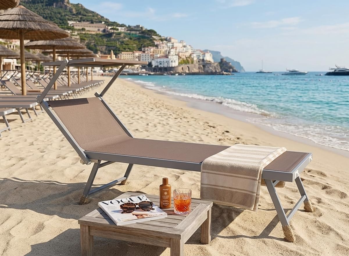 Bricozone Lettino Pieghevole Prendisole in Alluminio e Tessuto Textilene Professionale con Tettuccio Parasole Orientabile 182 x 60 x 38 cm Sdraio per Mare Spiaggia Piscina Giardino Tortora