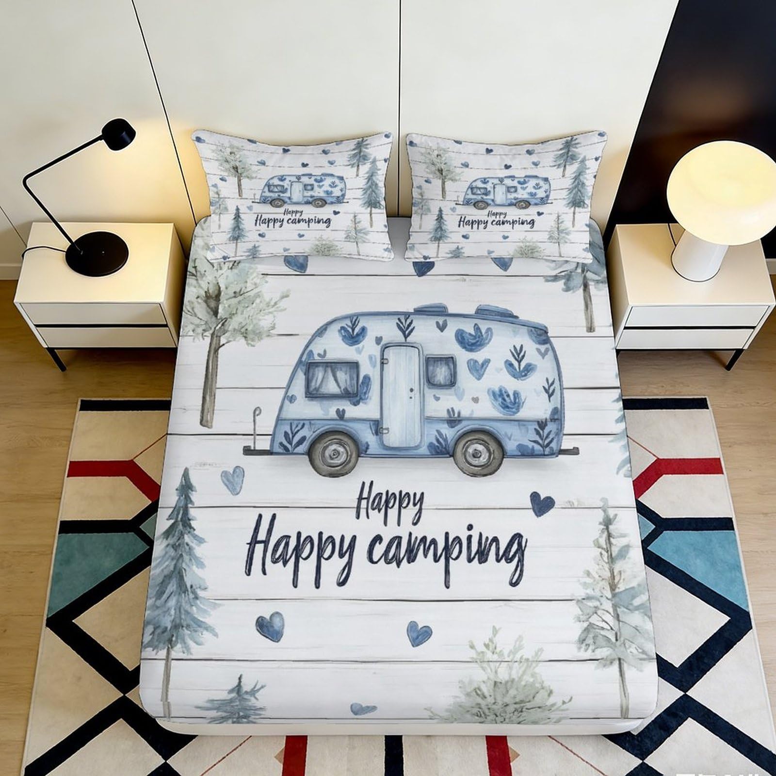 Jqzkxnhpbr Style-2 3D Printed Blue Camper Fitted Sheet Microfiber Soft Happy Camping Bed Cover For Bedroom Guest Room Decor 90X200x25cm