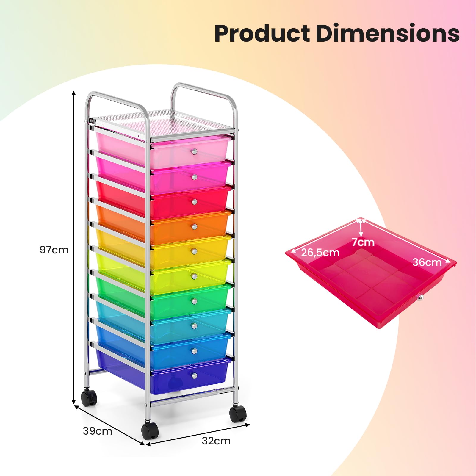 Giantex Carro de Almacenamiento 10 Cajones de Plástico, Cajonera con 4 Ruedas, Carrito Auxiliar con Marco de Metal, Organizador para Oficina, Salón, Cocina (Transparente Colorido)