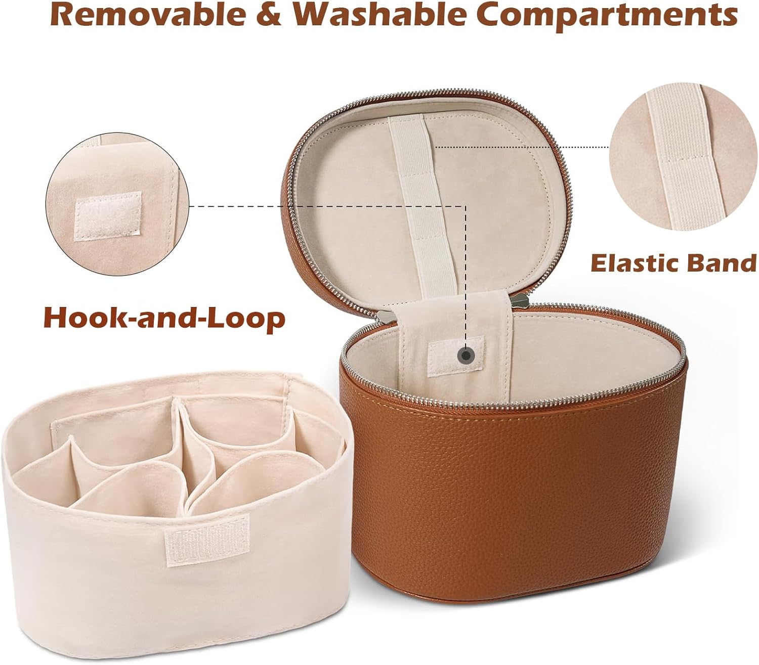 Leather Makeup Bag, Waterproof Vanity Bag with Removable Washable Compartments, Elastic Brush Straps, Dual Zipper & Carry Handle, Brown - Image 3