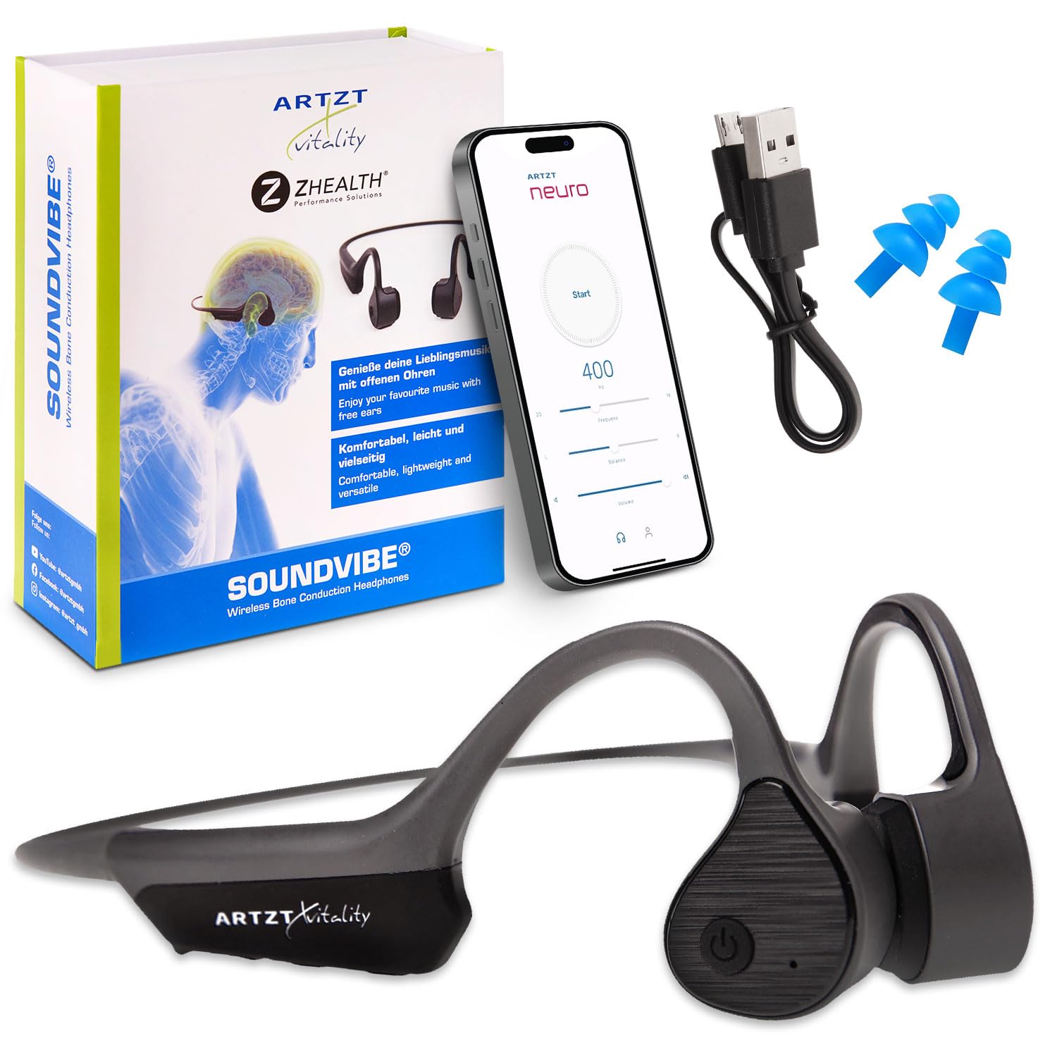 Knochenschall Kopfhörer Kabellos mit Mikrofon Open Ear Headset - SoundVibe - Schutz vor Wasser und Staub - Sportkopfhörer für Sport Freizeit Neuroathletik 13 x 11 x 4,5 cm, Grau