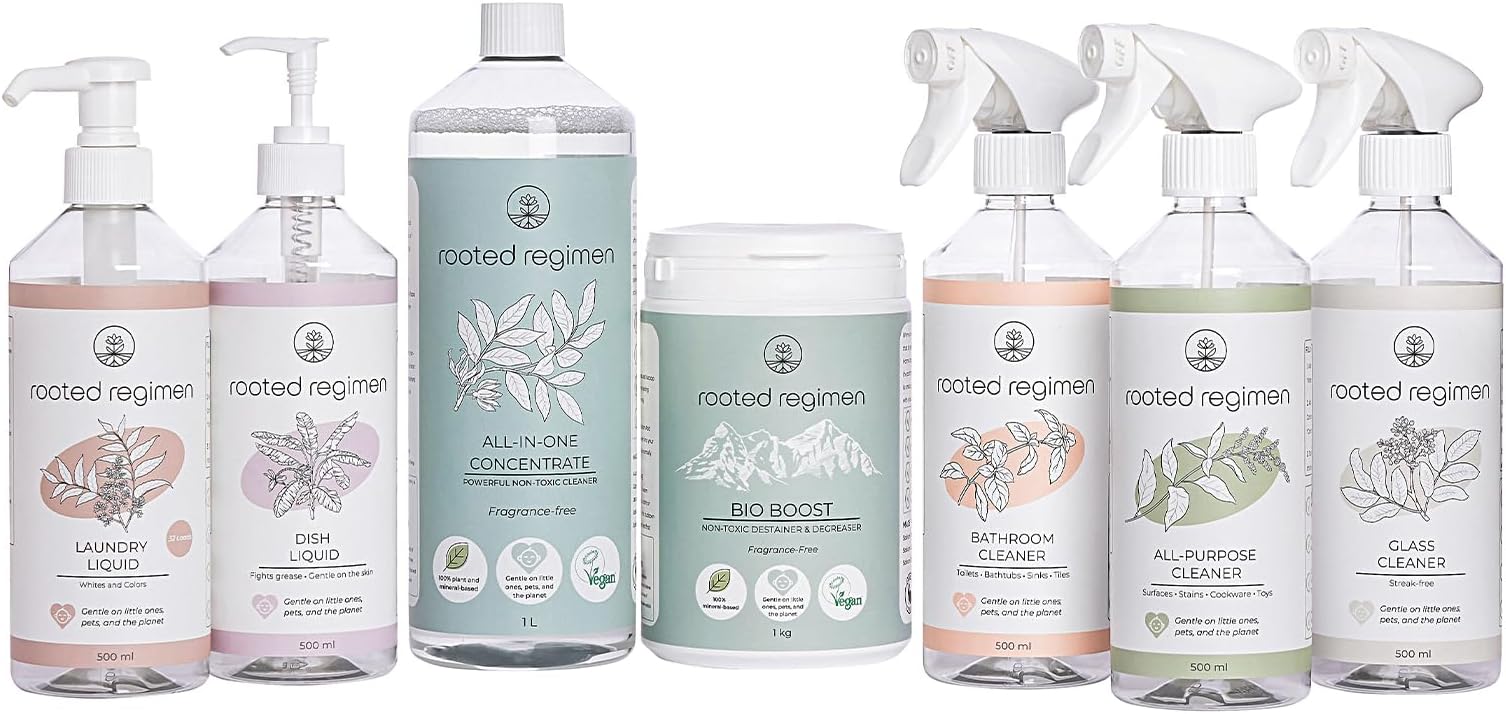Rooted RegimenCleaning Supplies Starter Kit, Fragrance-Free - Makes 12 Bottles of Laundry, Dish, All-Purpose, Bathroom, and Glass Cleaners - Refillable, Non Toxic, Plant Based, Eco Friendly