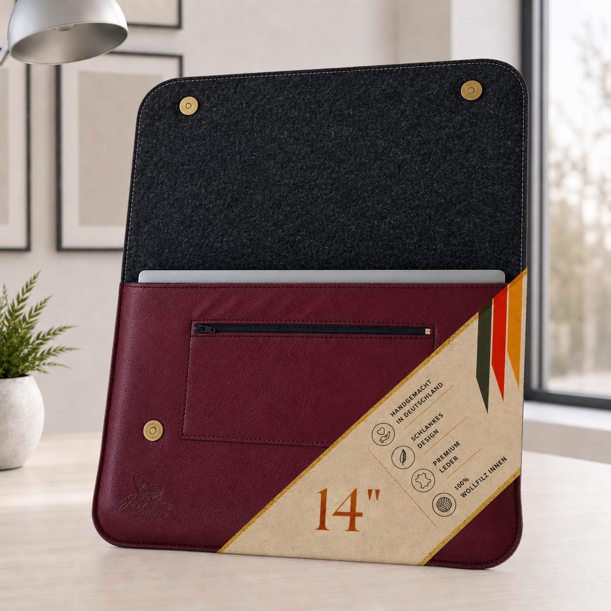 Centaur Custodia per laptop di alta qualità in vera pelle italiana e 100% feltro di lana, realizzata in Germania, elegante custodia con scomparto extra, custodia protettiva per notebook da 14", rosso