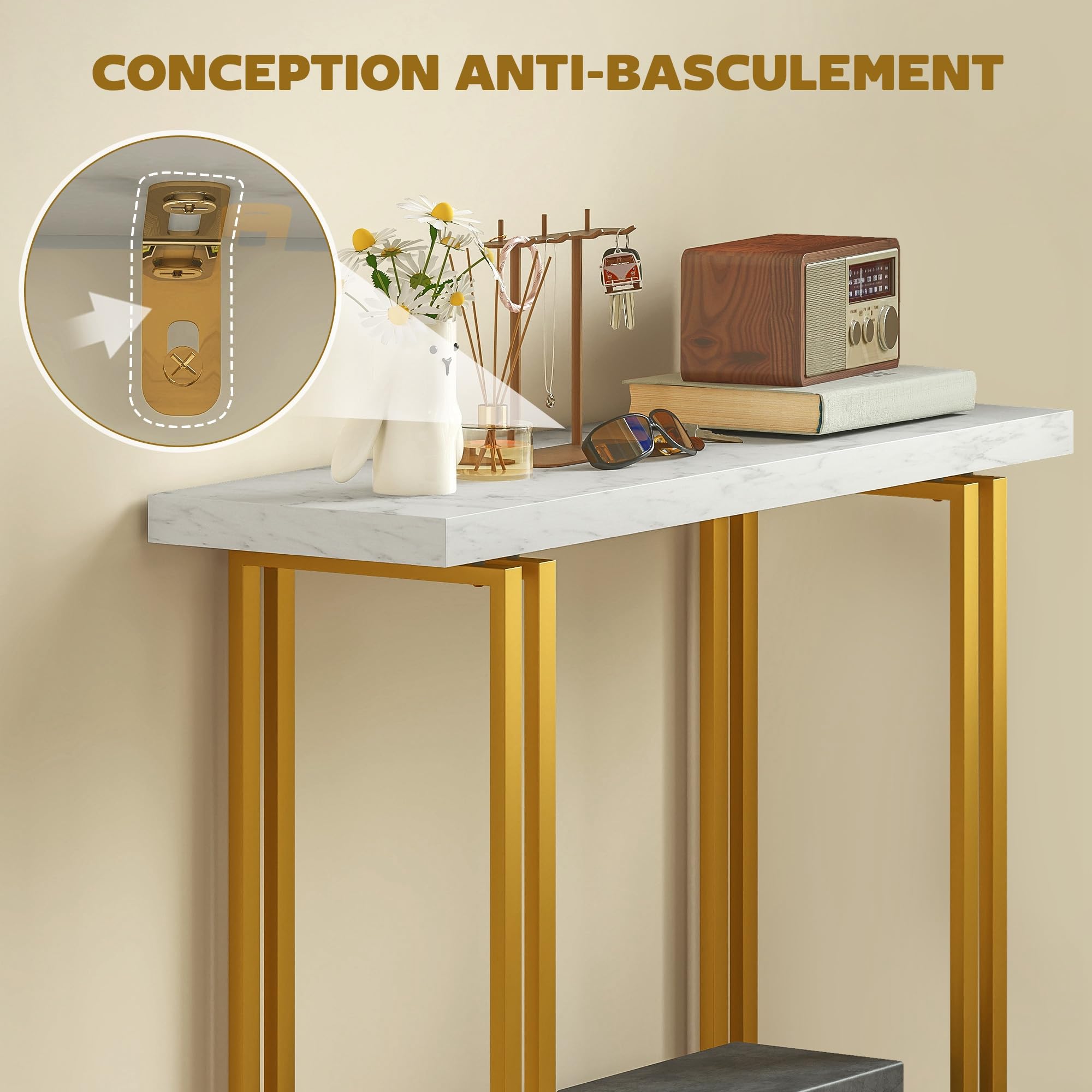 HOMCOM 100cm Tavolo console finto marmo anti-ribaltamento Bianco | Tavolo stretto ingresso, telaio acciaio, moderno tavolo divano lungo sottile, corridoio, soggiorno