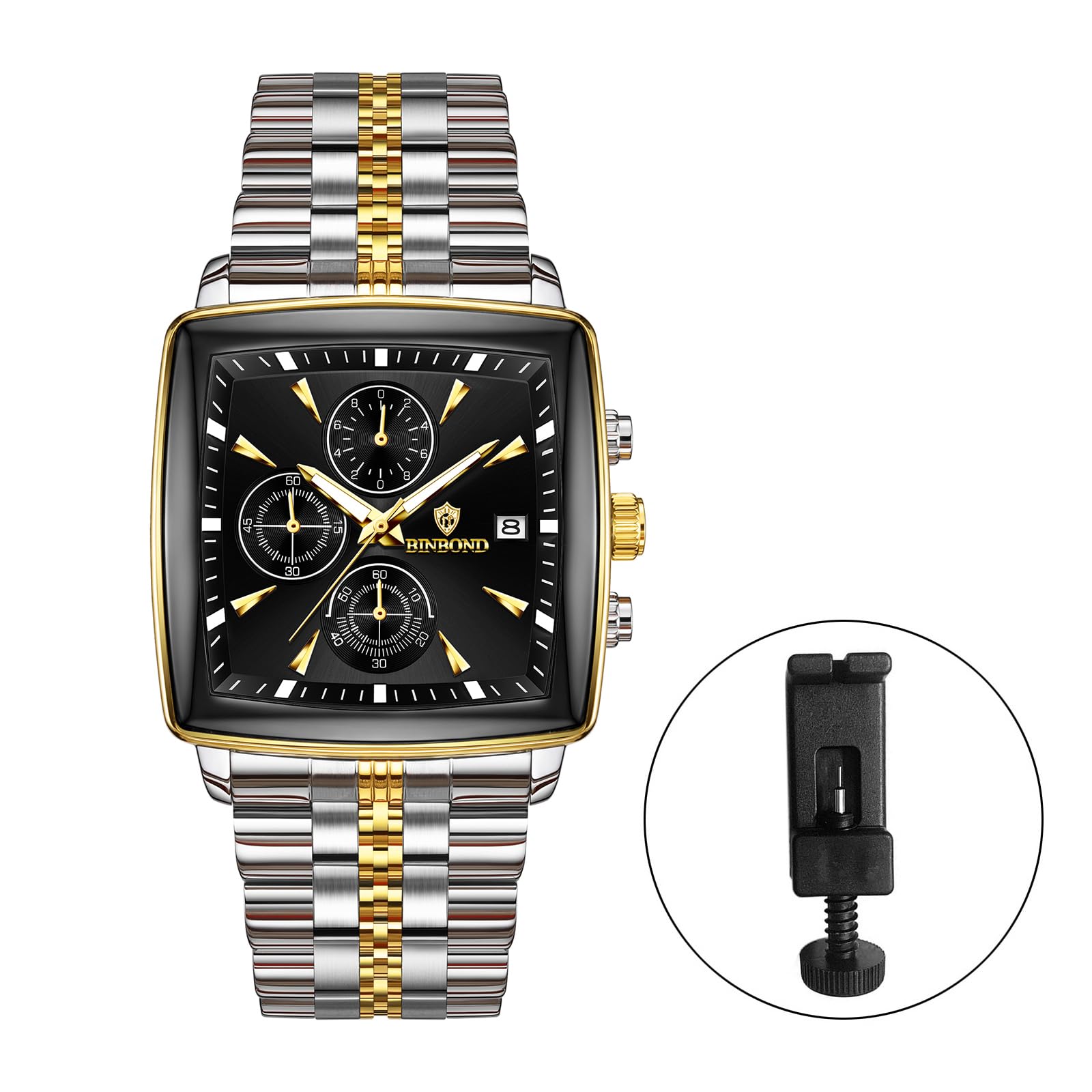 OIDEA Montre carrée élégante pour homme : date chronographe analogique à quartz multifonction argenté doré classique business cadran noir bracelet en acier inoxydable montre cadeau pour homme