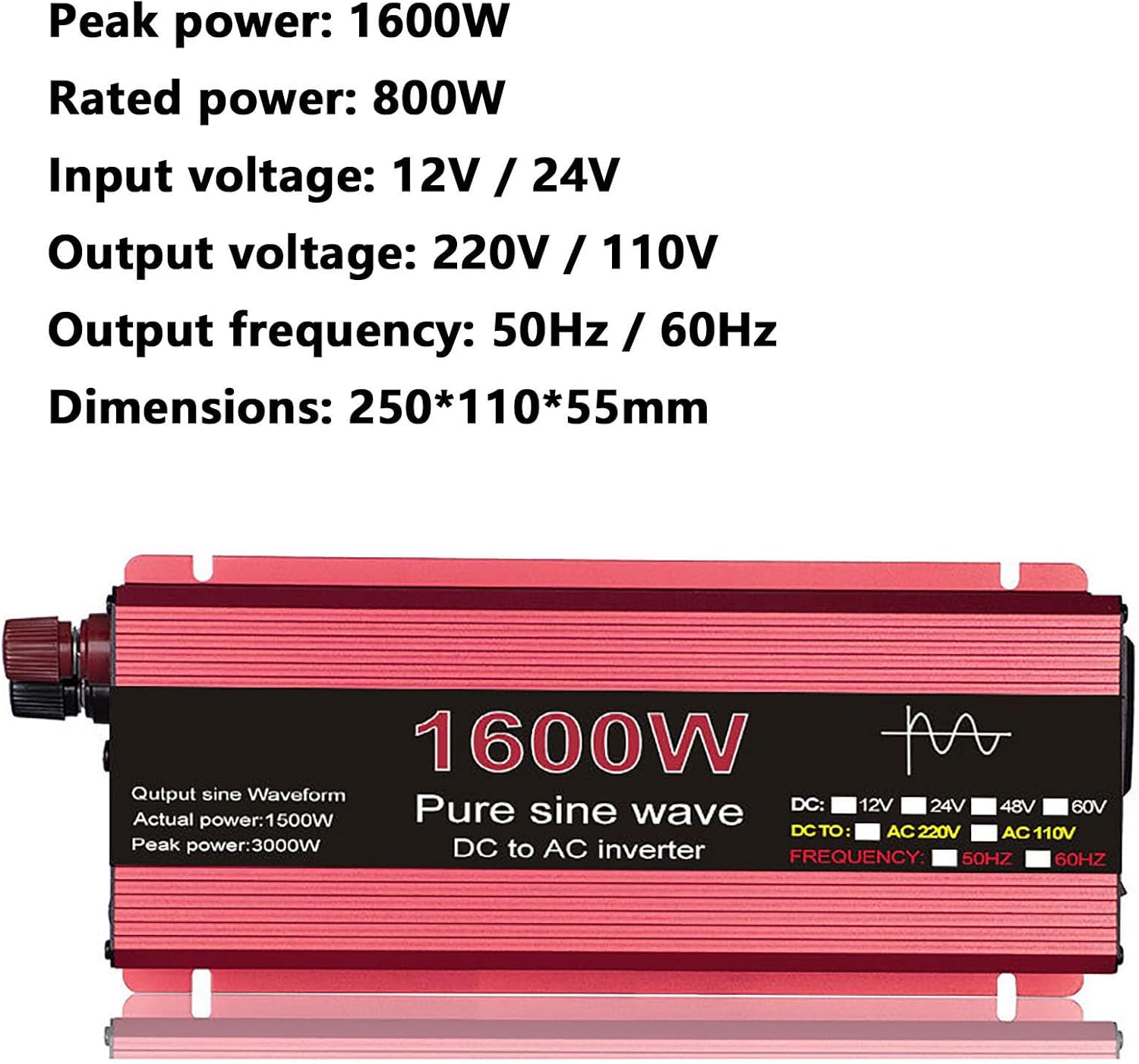 3000W/2200W/1600W/1000W Inverter DC 12V/24V to 110V/220V Pure Sine Wave Voltage Converter Power Car Micro Inverter for Car Home Laptop Truck(Size:12V-220V,Color:1600W)