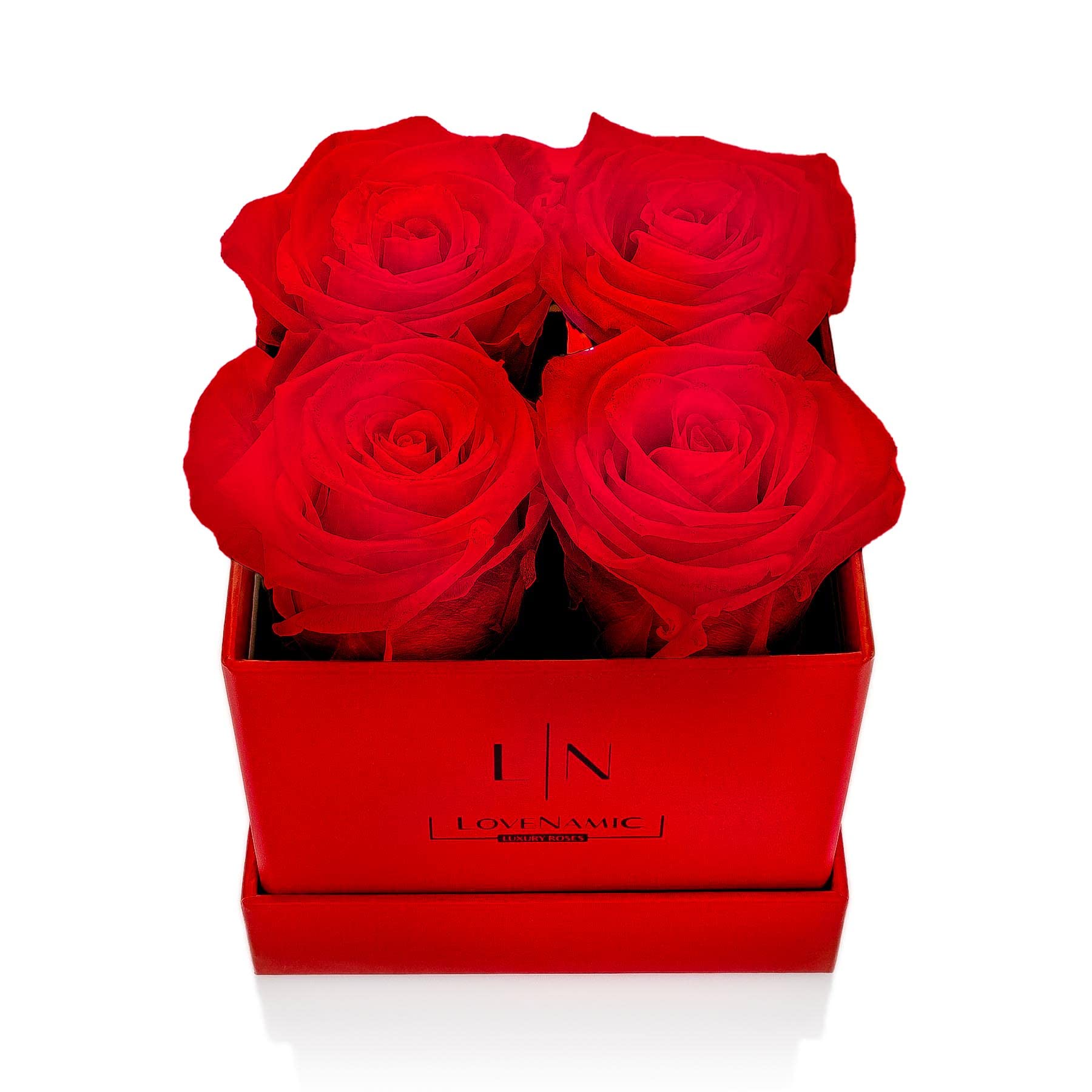 Boîte à roses classique rouge vif avec bouquet de fleurs durables de 3 ans