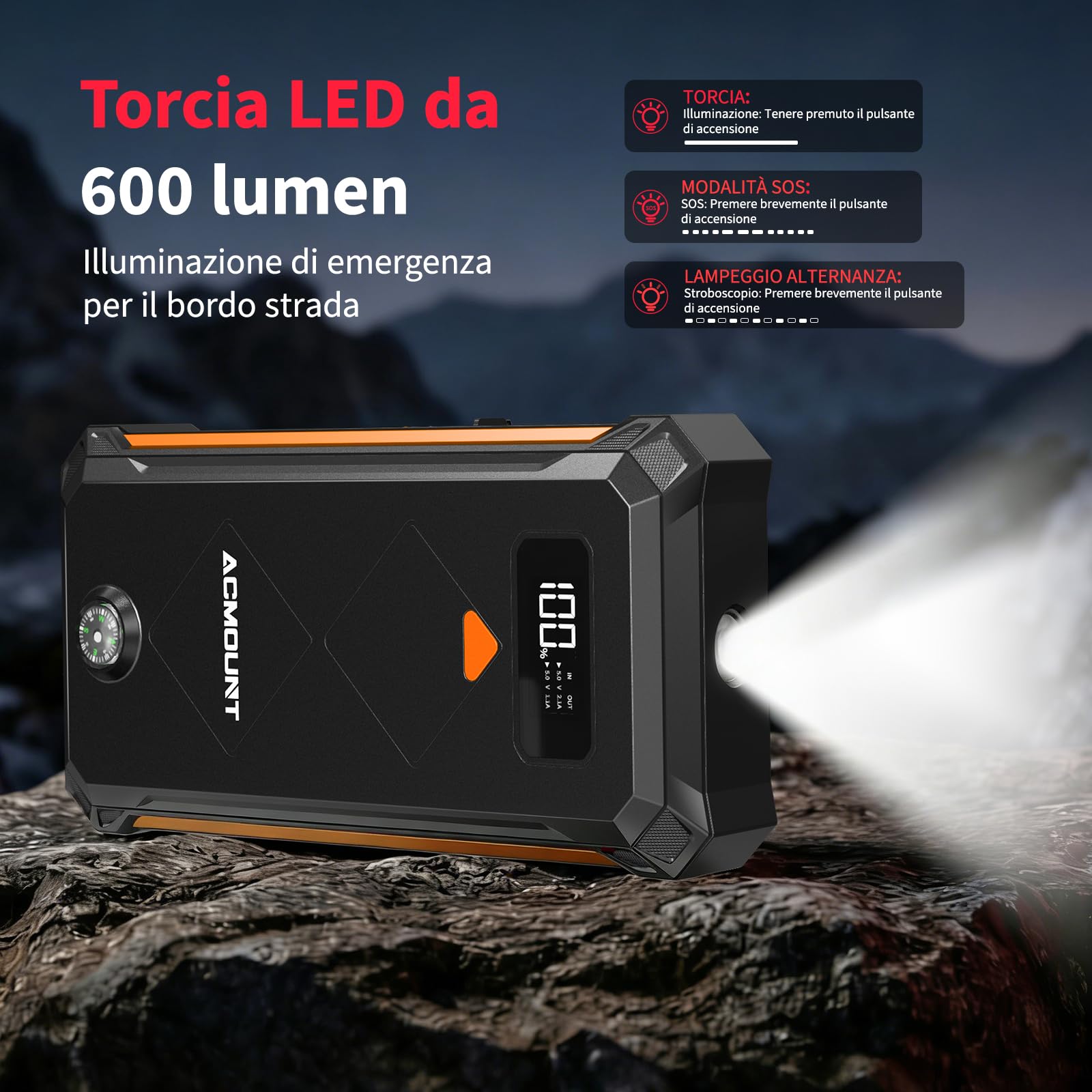 Acmount Avviatore Batteria Auto, 7000A Booster Avviatore Auto per(12L Gas/10L Diesel), Starter Batteria Portatile Jump Starter con LED/LCD Booster Avviamento