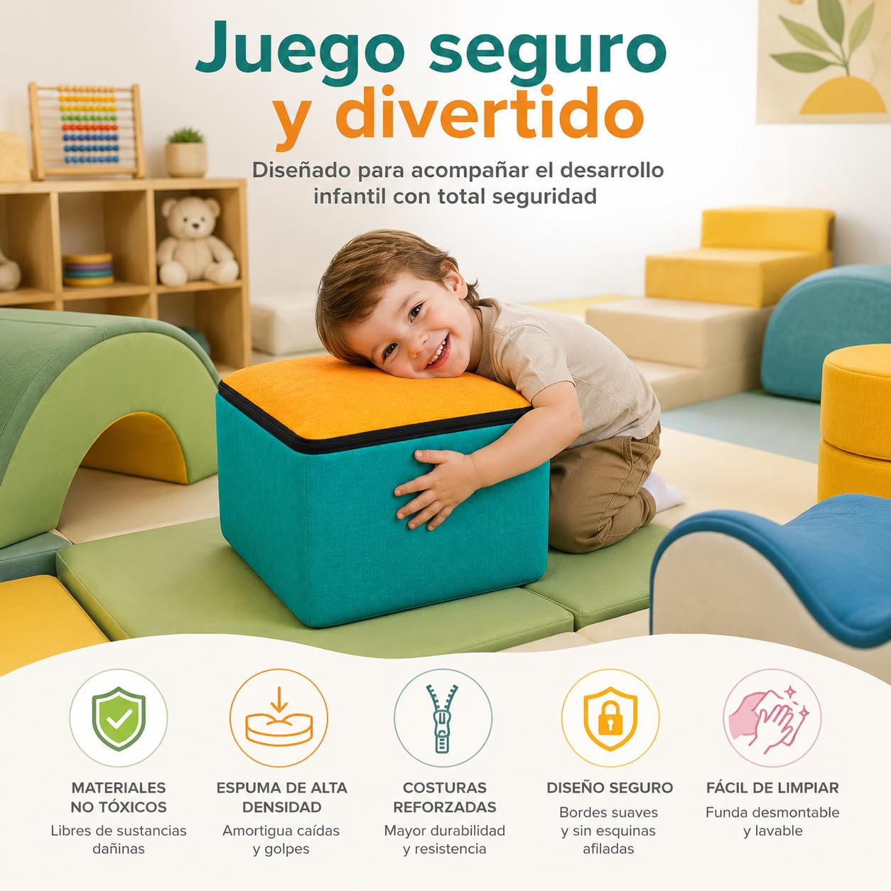 TIENDA EURASIA – Figuras de Espuma para Psicomotricidad Infantil | Bloques Blandos de Juego Educativo | Espuma y Poliéster | Diferentes Formas | Multicolor (Cuadrado 40x40x20 cm)