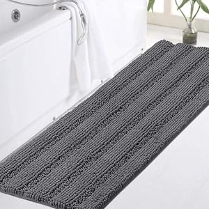 Turquoize Luxury Shaggy Bath Mat Chenille Bathroom Runner Rug Extra Soft and Absorbent Large Non Slip Bath Mat, Machine Washable, 47 x 17 Inches, Gray