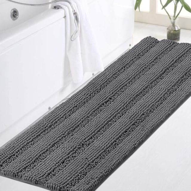 Turquoize Luxury Shaggy Bath Mat Chenille Bathroom Runner Rug Extra Soft and Absorbent Large Non Slip Bath Mat, Machine Washable, 47 x 17 Inches, Gray
